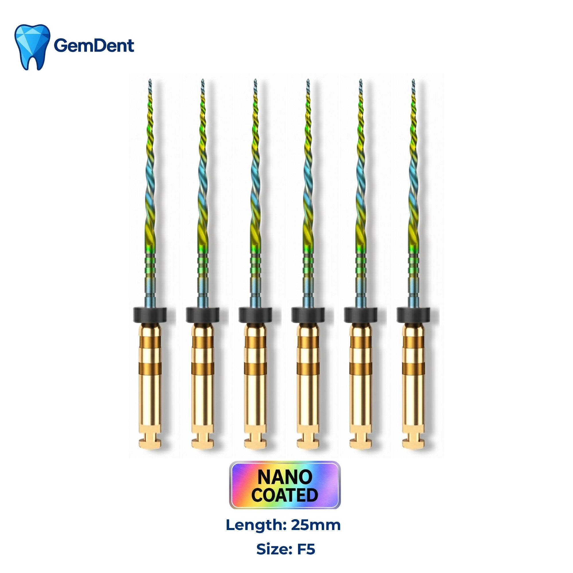 GemDent ApexDrive NiTi Rainbow Rotary Files (Nano Coated) 25mm F5 (6 Files)