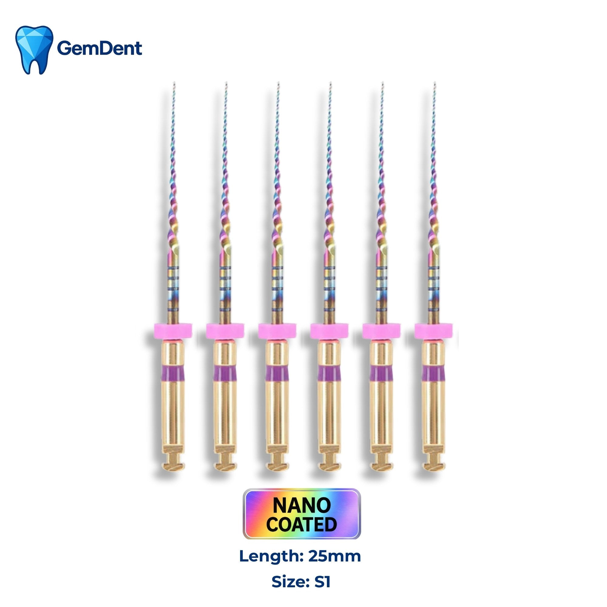 GemDent ApexDrive NiTi Rainbow Rotary Files (Nano Coated) 25mm S1 (6 Files)