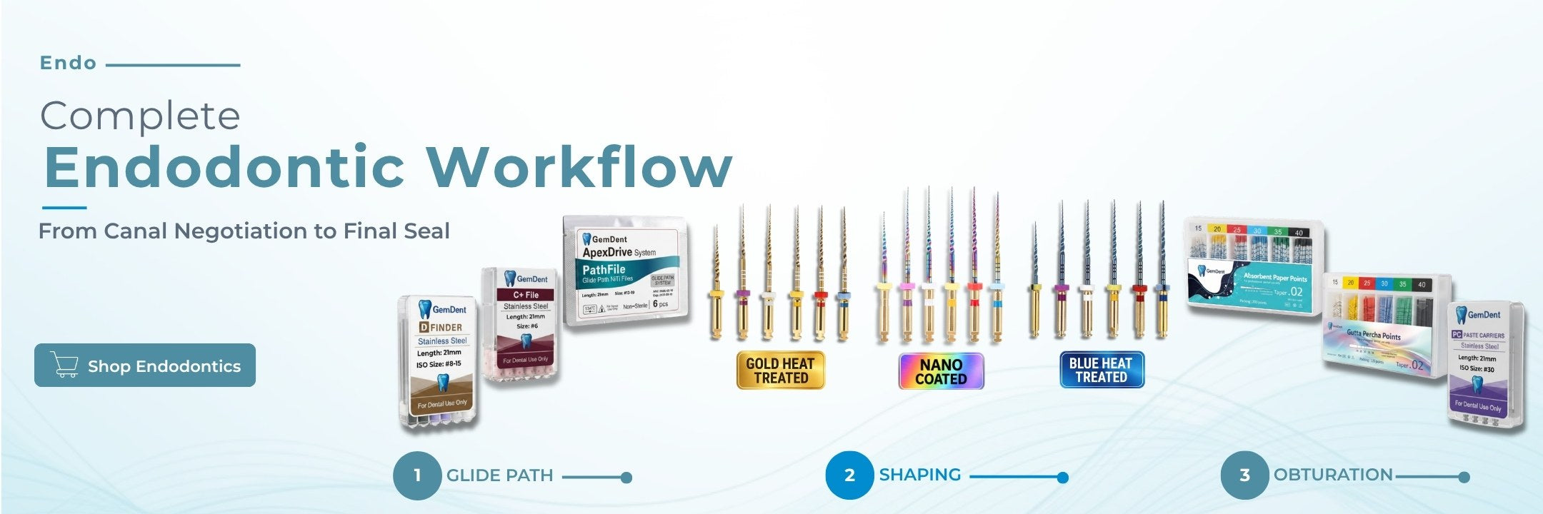 GemDent complete endodontic workflow showing glide path, shaping with NiTi rotary files (gold, blue, nano coated), and obturation with paper points and gutta percha