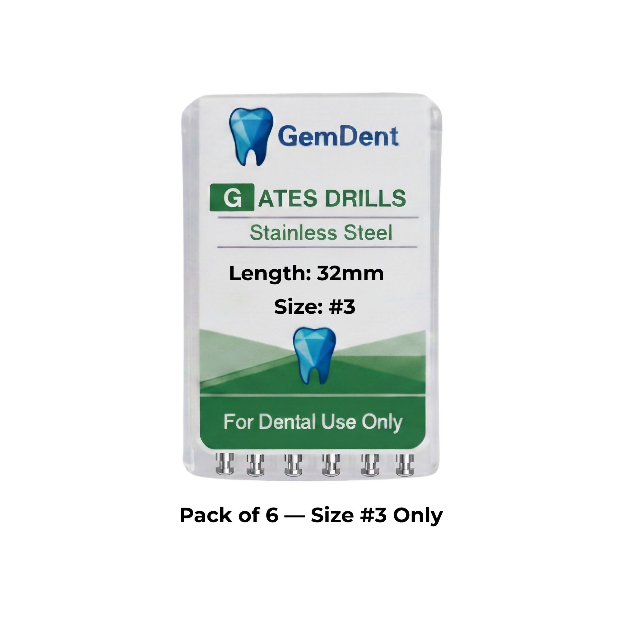 GemDent Stainless Steel Gates Glidden Drills 32mm #3 Pack of 6