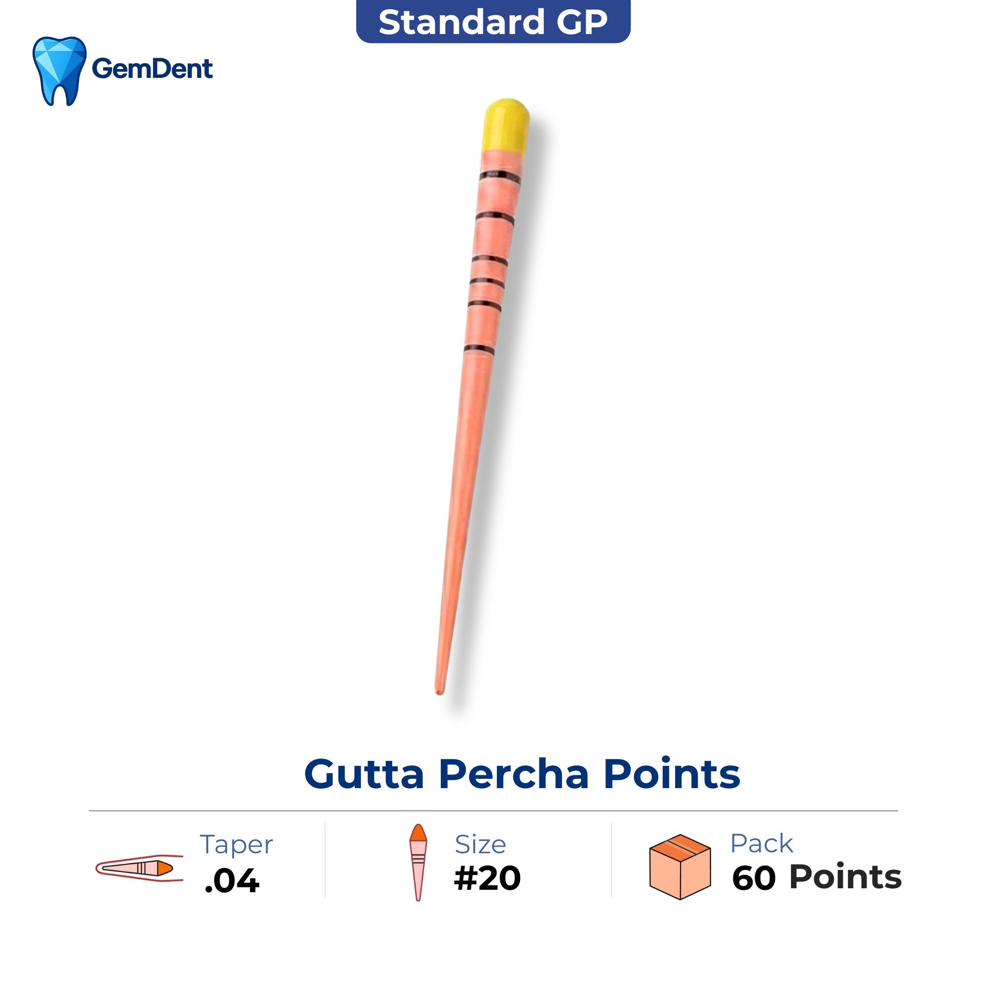 GemDent gutta percha points taper 04 size 20 ISO color coded 60 points endodontic obturation