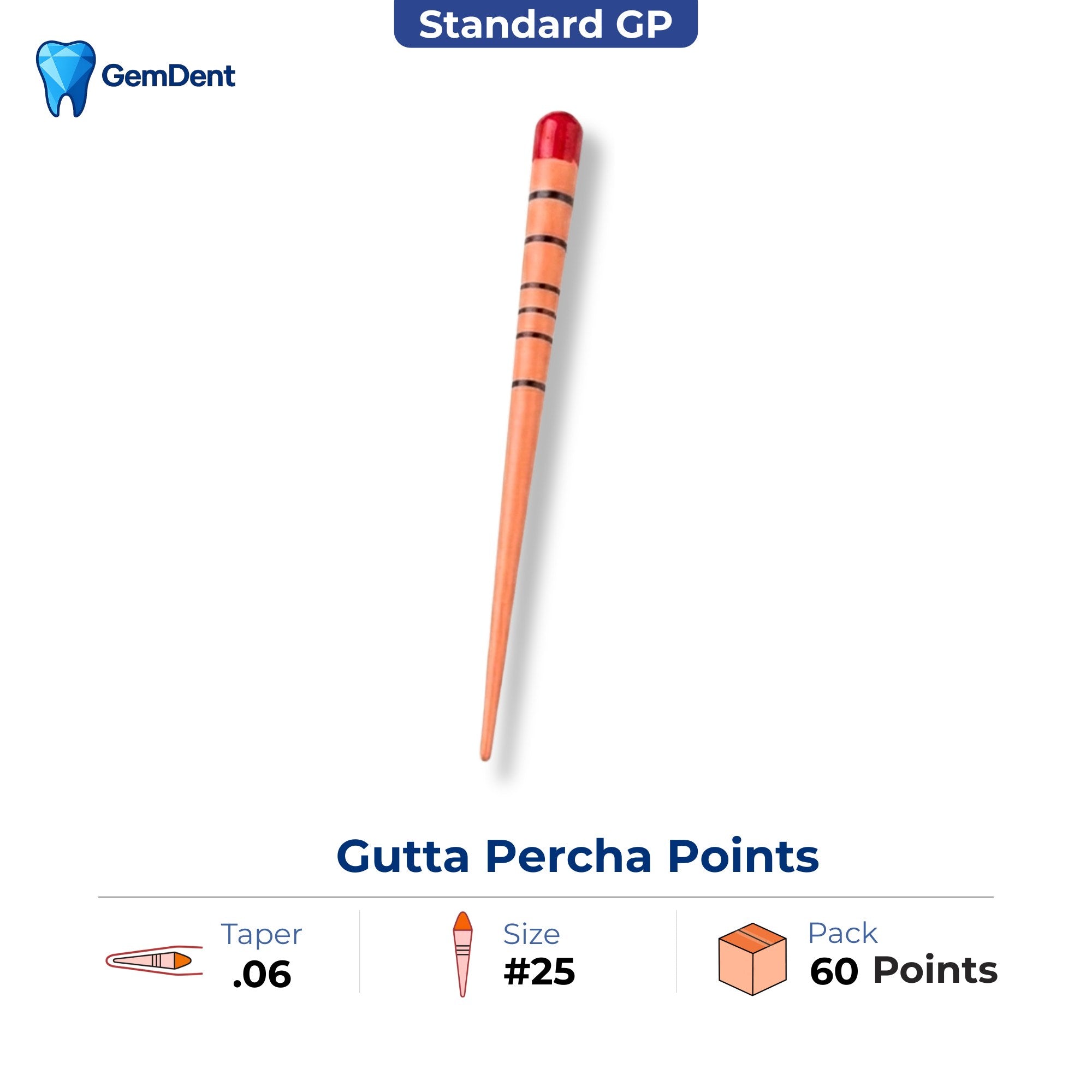 GemDent gutta percha points taper 06 size 25 ISO color coded 60 points endodontic obturation