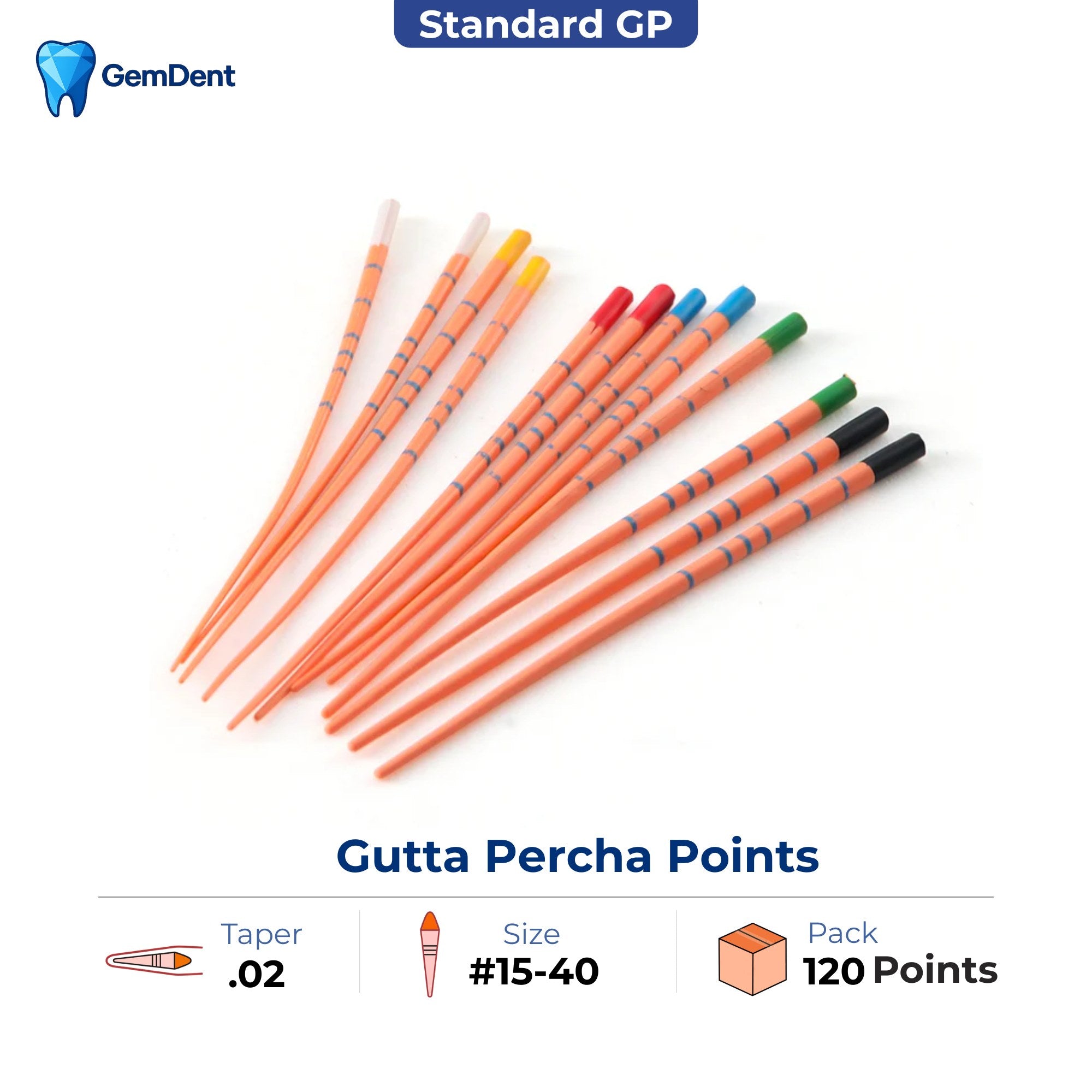 GemDent gutta percha points taper 02 assorted sizes 15-40 ISO color coded 120 points endodontic obturation