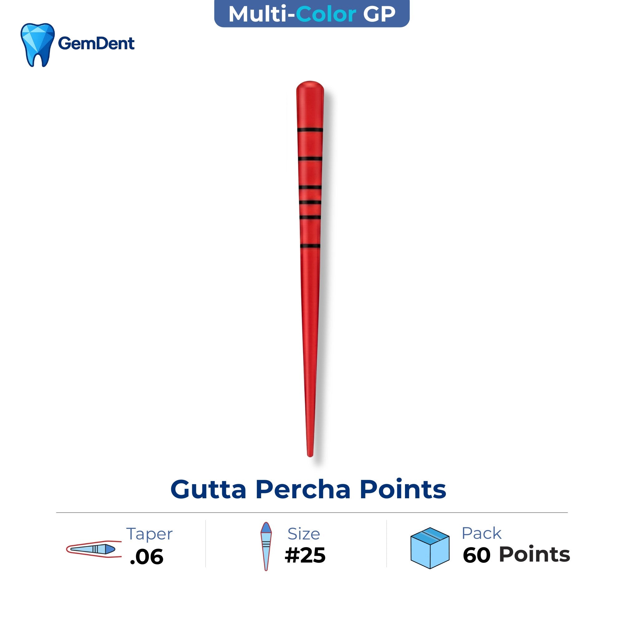 GemDent multi-colored gutta percha points taper 06 size 2 ISO color coded 60 points endodontic