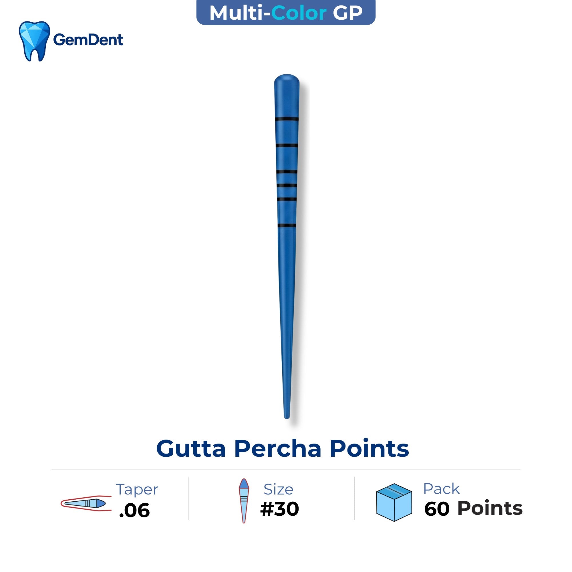 GemDent multi-colored gutta percha points taper 06 size 30 ISO color coded 60 points endodontic