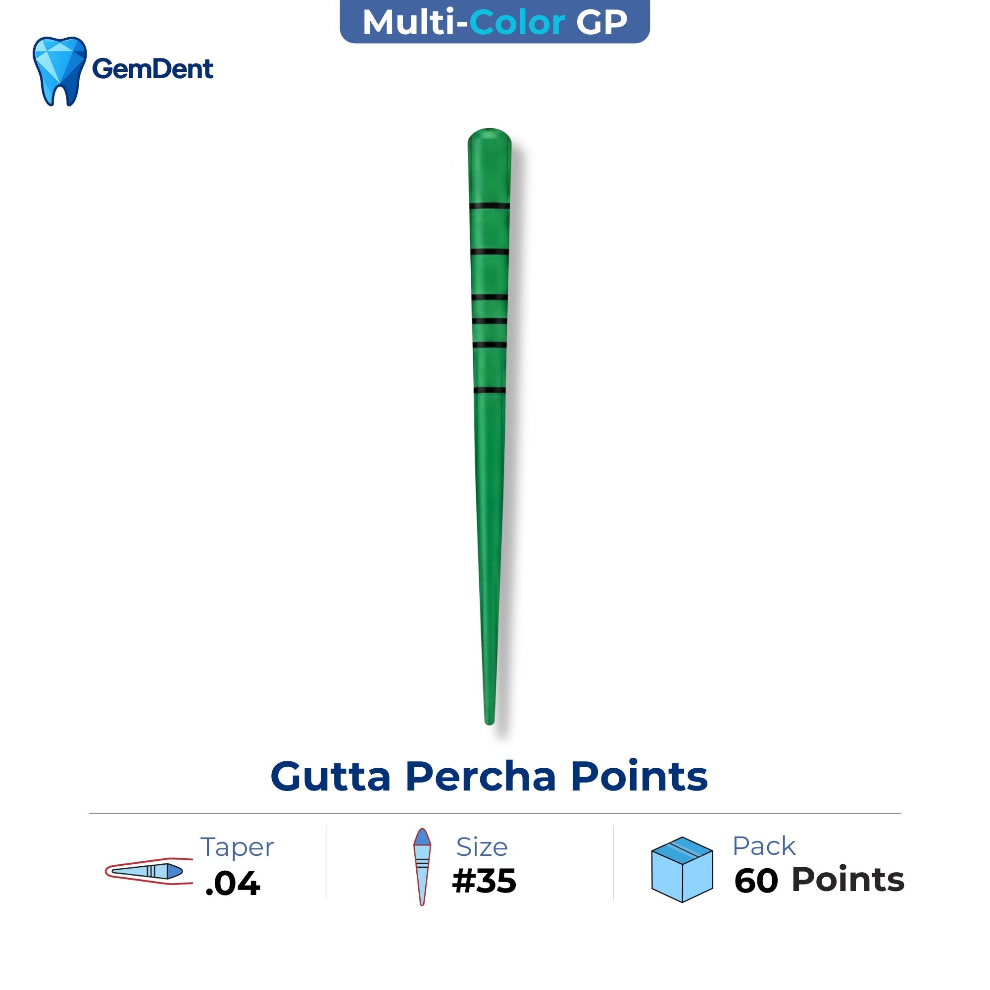 GemDent multi-colored gutta percha points taper 04 size 35 ISO color coded 60 points endodontic