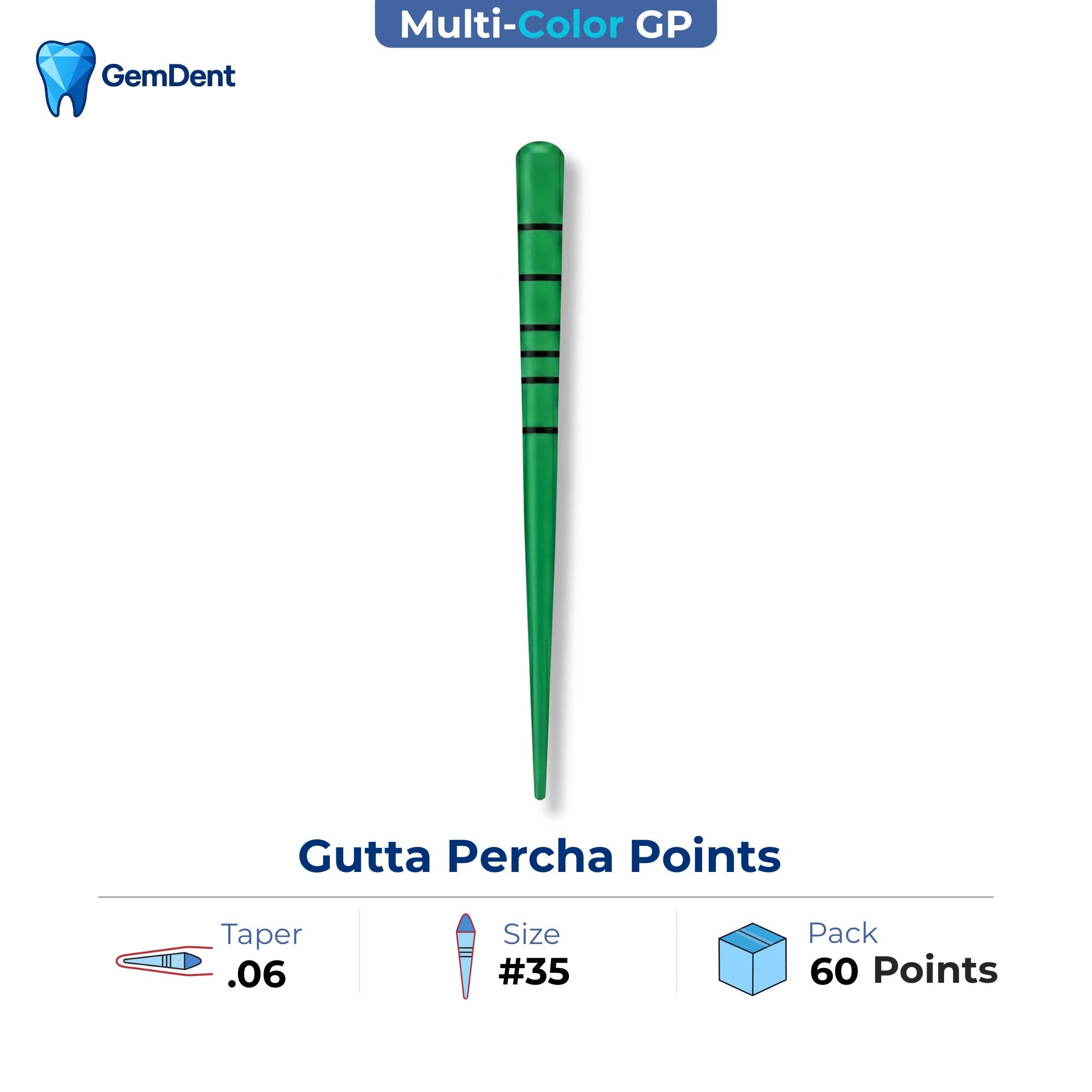 GemDent multi-colored gutta percha points taper 06 size 35 ISO color coded 60 points endodontic