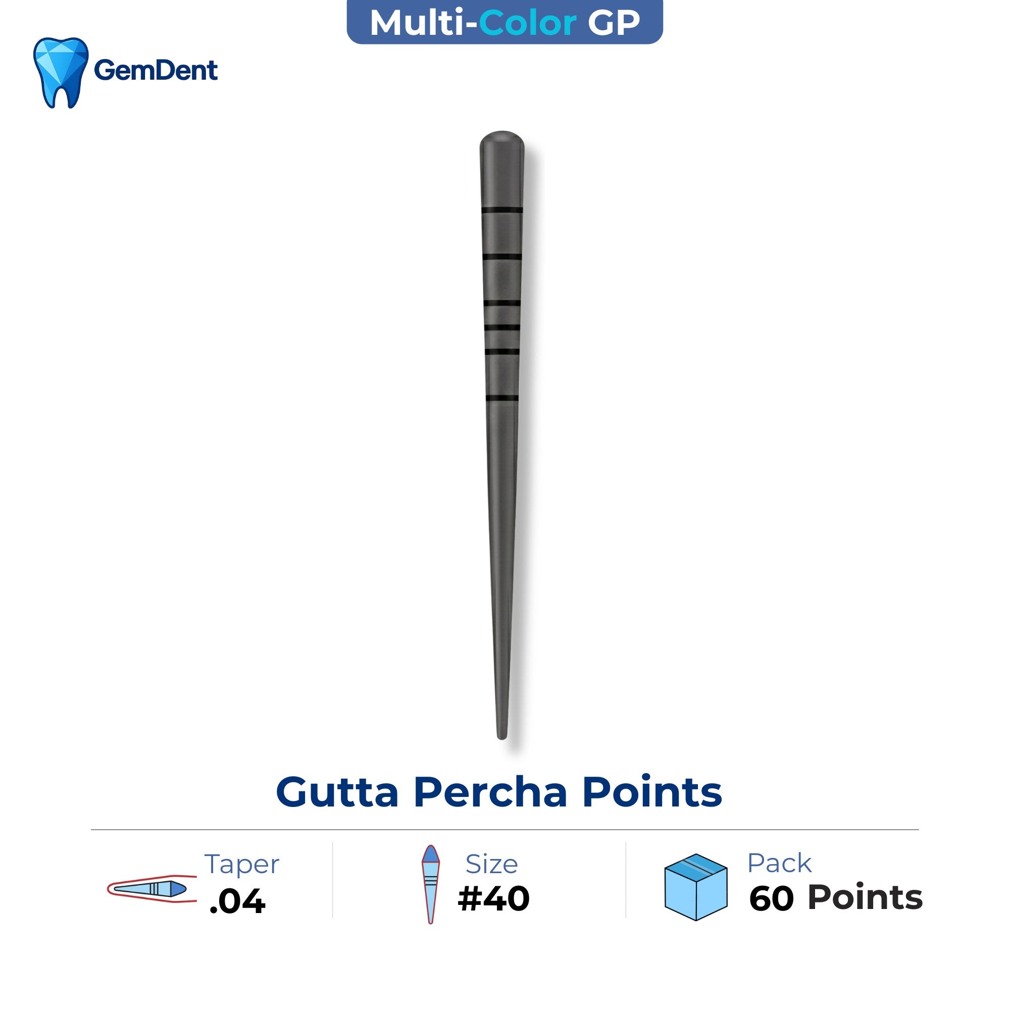 GemDent multi-colored gutta percha points taper 04 size 40 ISO color coded 60 points endodontic