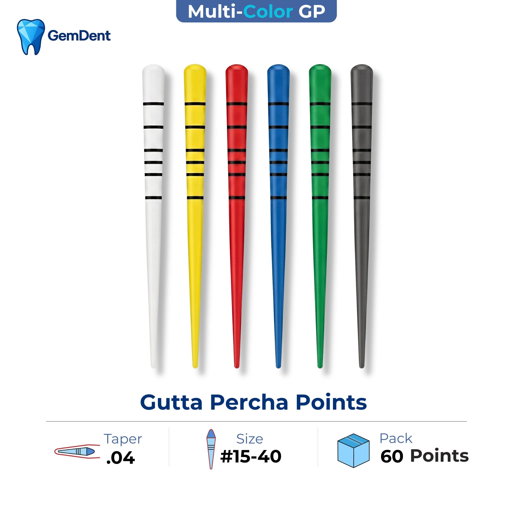 GemDent multi-colored gutta percha points taper 04 assorted sizes 15-40 ISO color coded 60 points endodontic