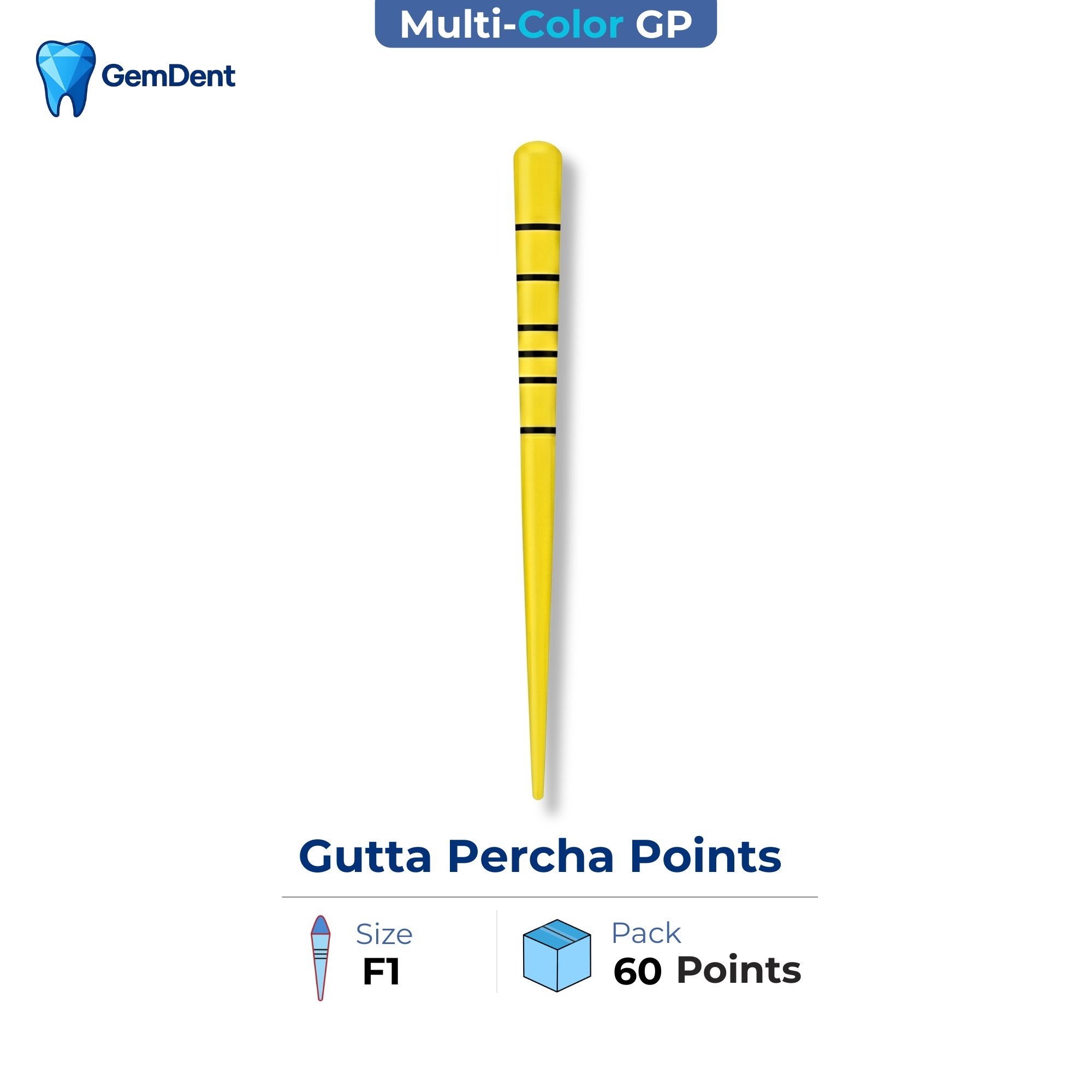 GemDent multi-colored gutta percha points F1 size ProTaper compatible endodontic obturation 60 points