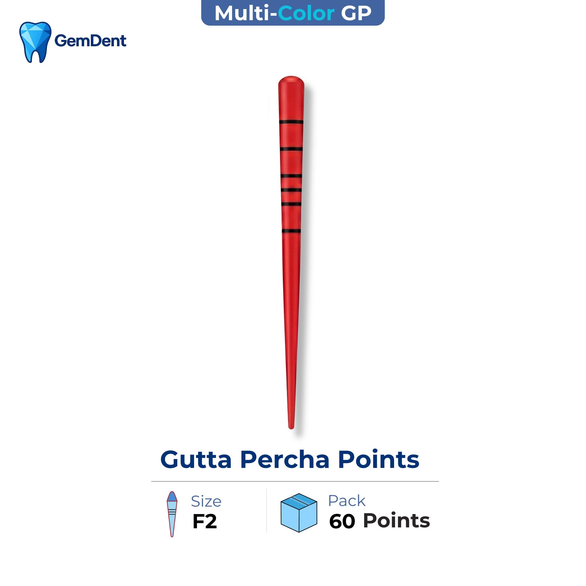 GemDent multi-colored gutta percha points F2 size ProTaper compatible endodontic obturation 60 points