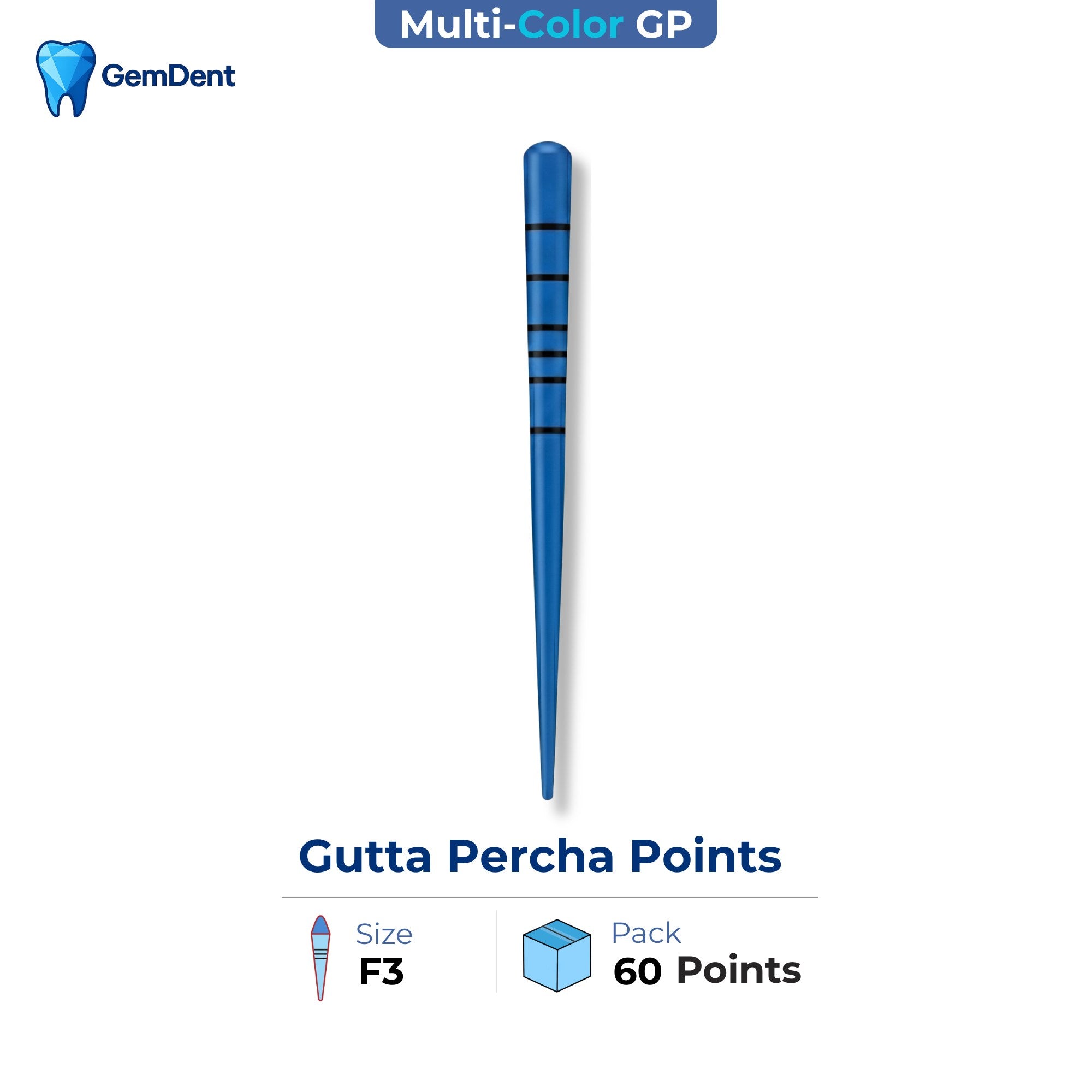 GemDent multi-colored gutta percha points F3 size ProTaper compatible endodontic obturation 60 points