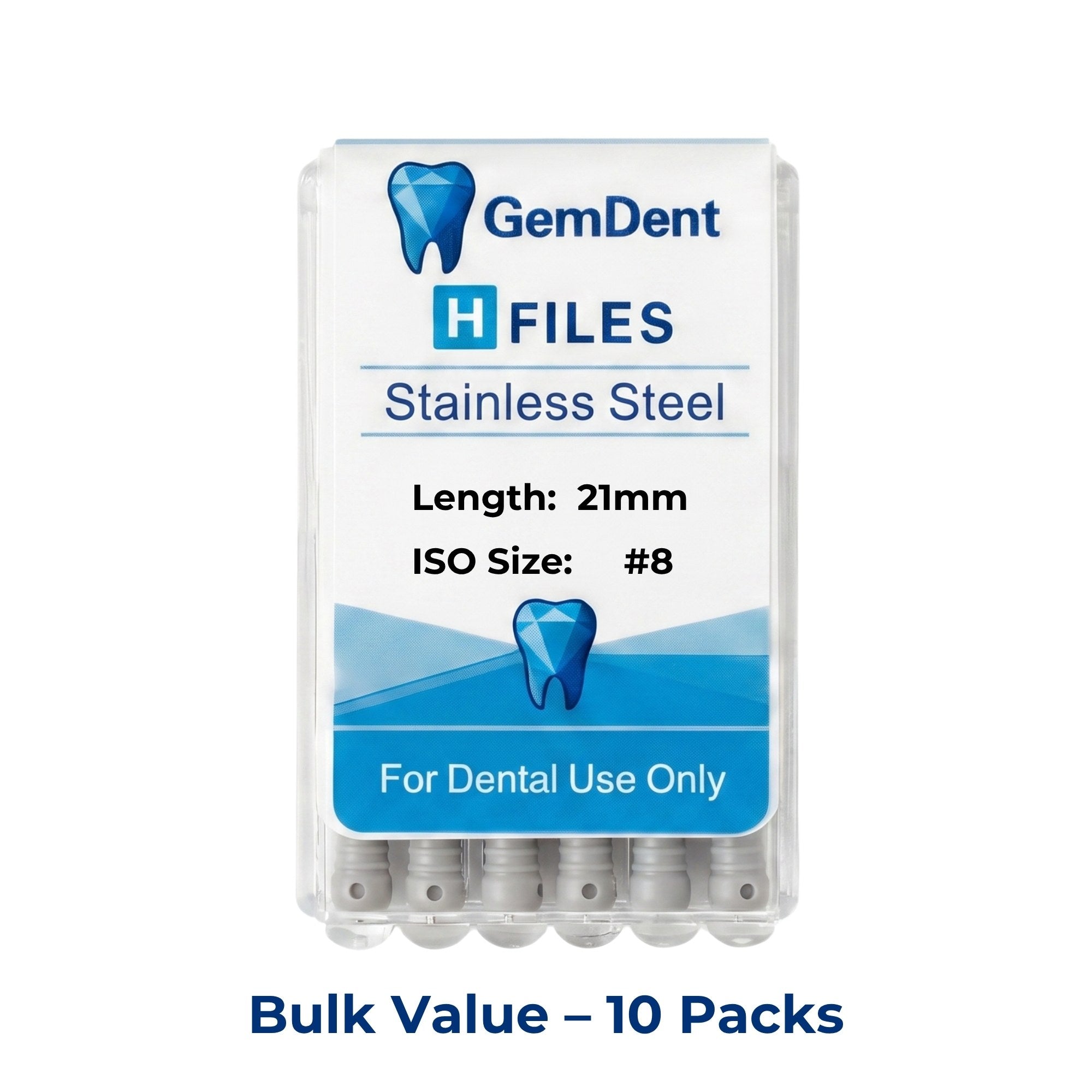 GemDent Stainless Steel H Files 21mm #08 10 Packs (60 Files)