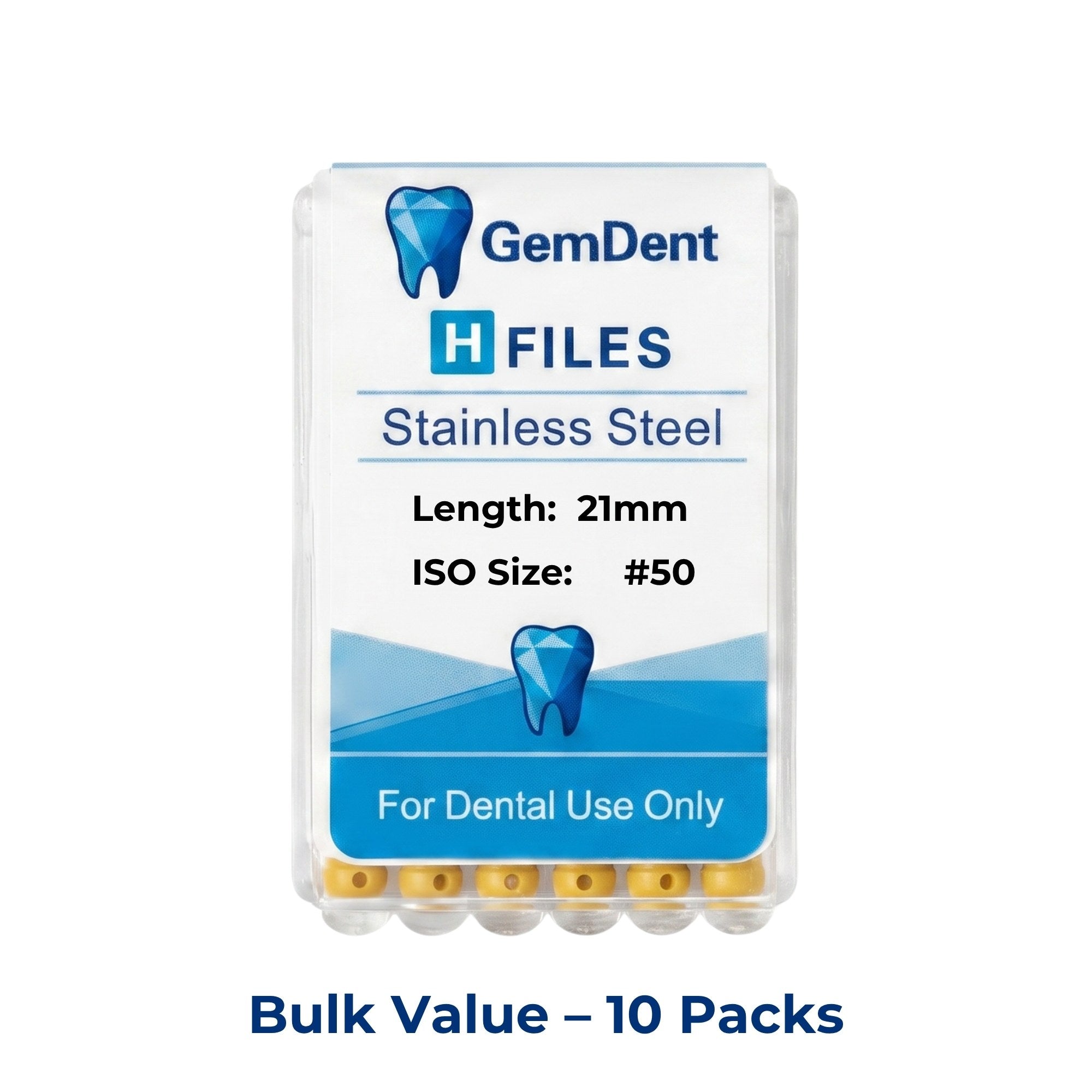 GemDent Stainless Steel H Files 21mm #50 10 Packs (60 Files)