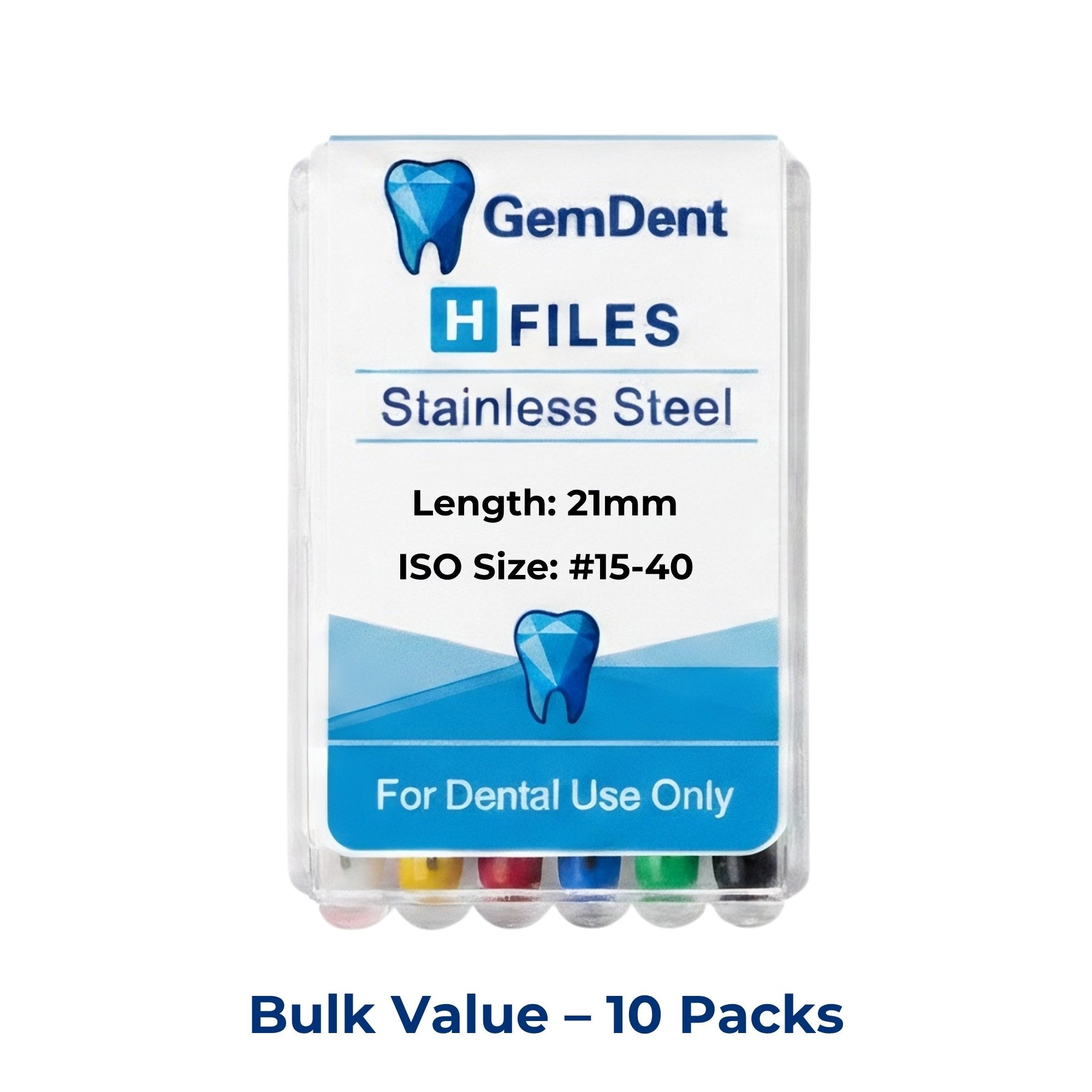 GemDent Stainless Steel H Files 21mm #15–40 Assorted 10 Packs (60 Files)