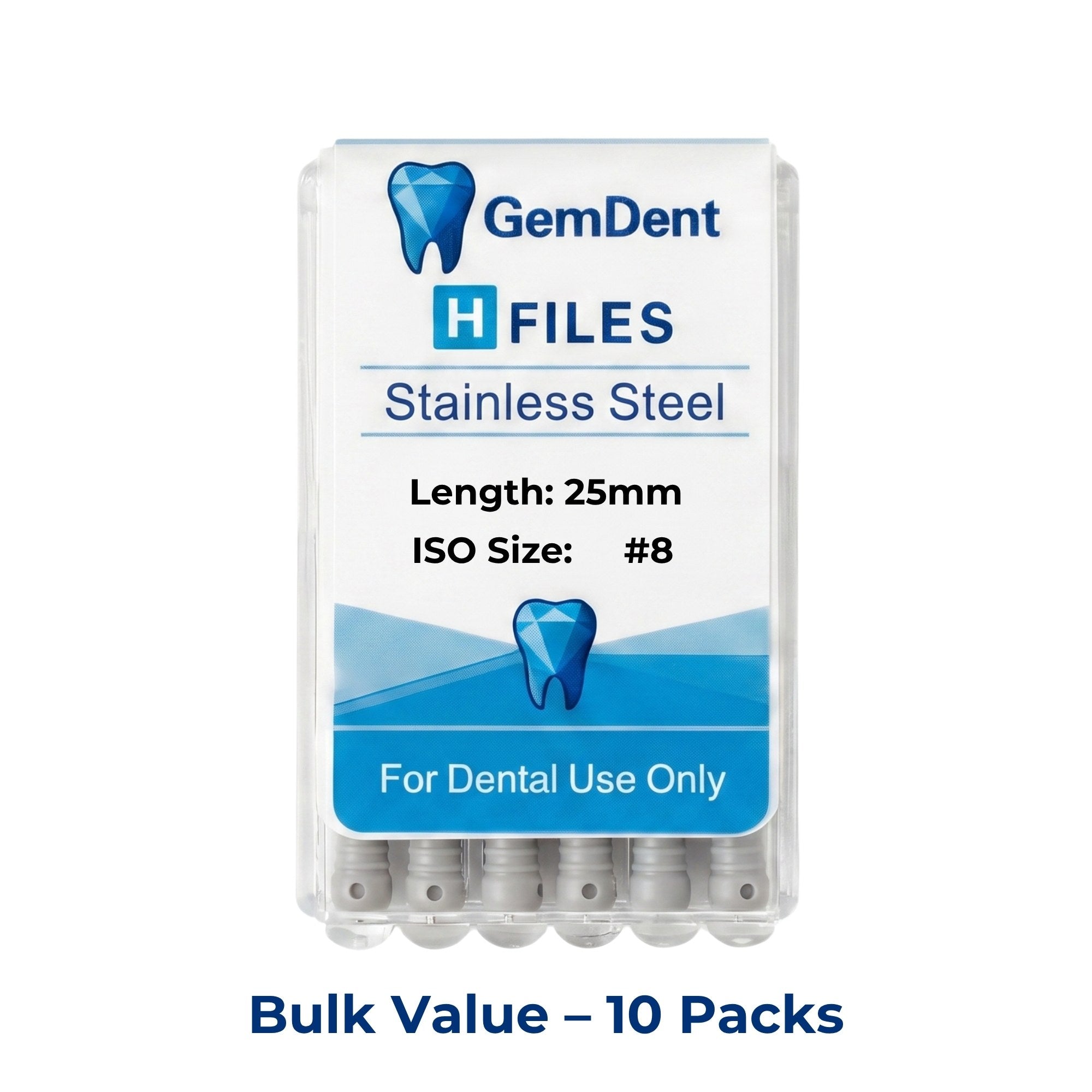 GemDent Stainless Steel H Files 25mm #08 10 Packs (60 Files)