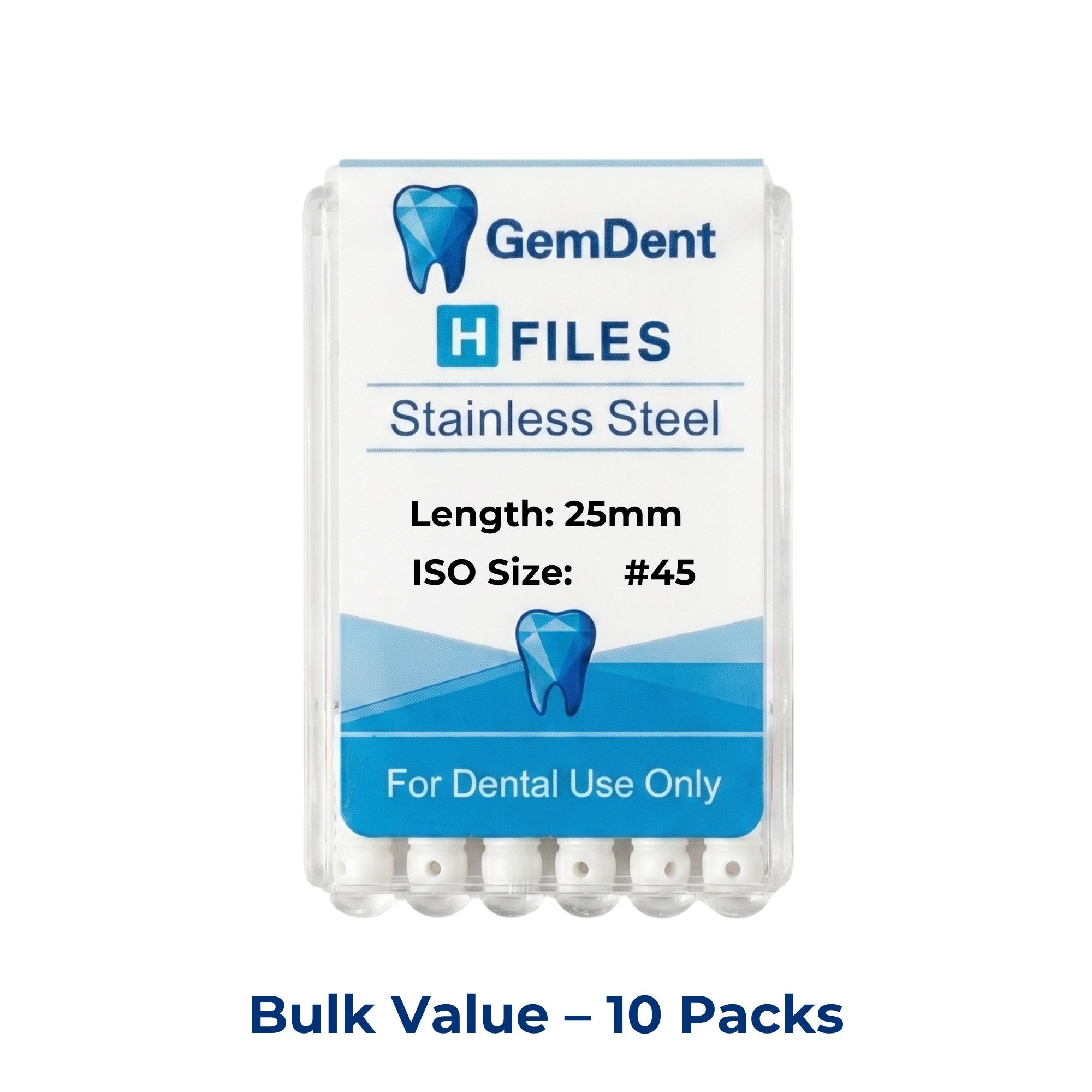 GemDent Stainless Steel H Files 25mm #45 10 Packs (60 Files)
