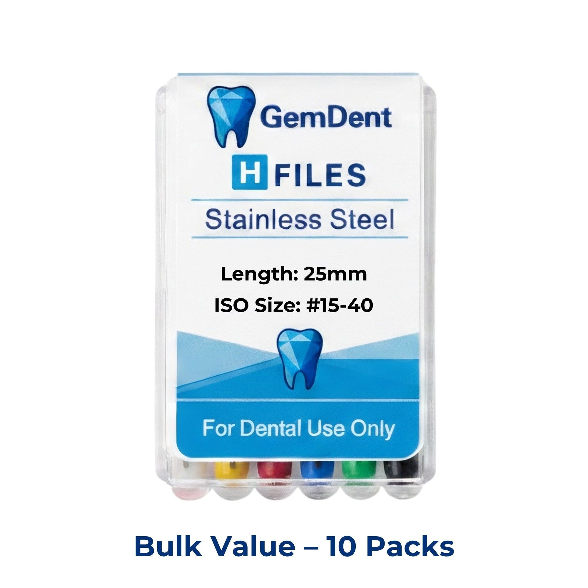 GemDent Stainless Steel H Files 25mm #15–40 Assorted 10 Packs (60 Files)
