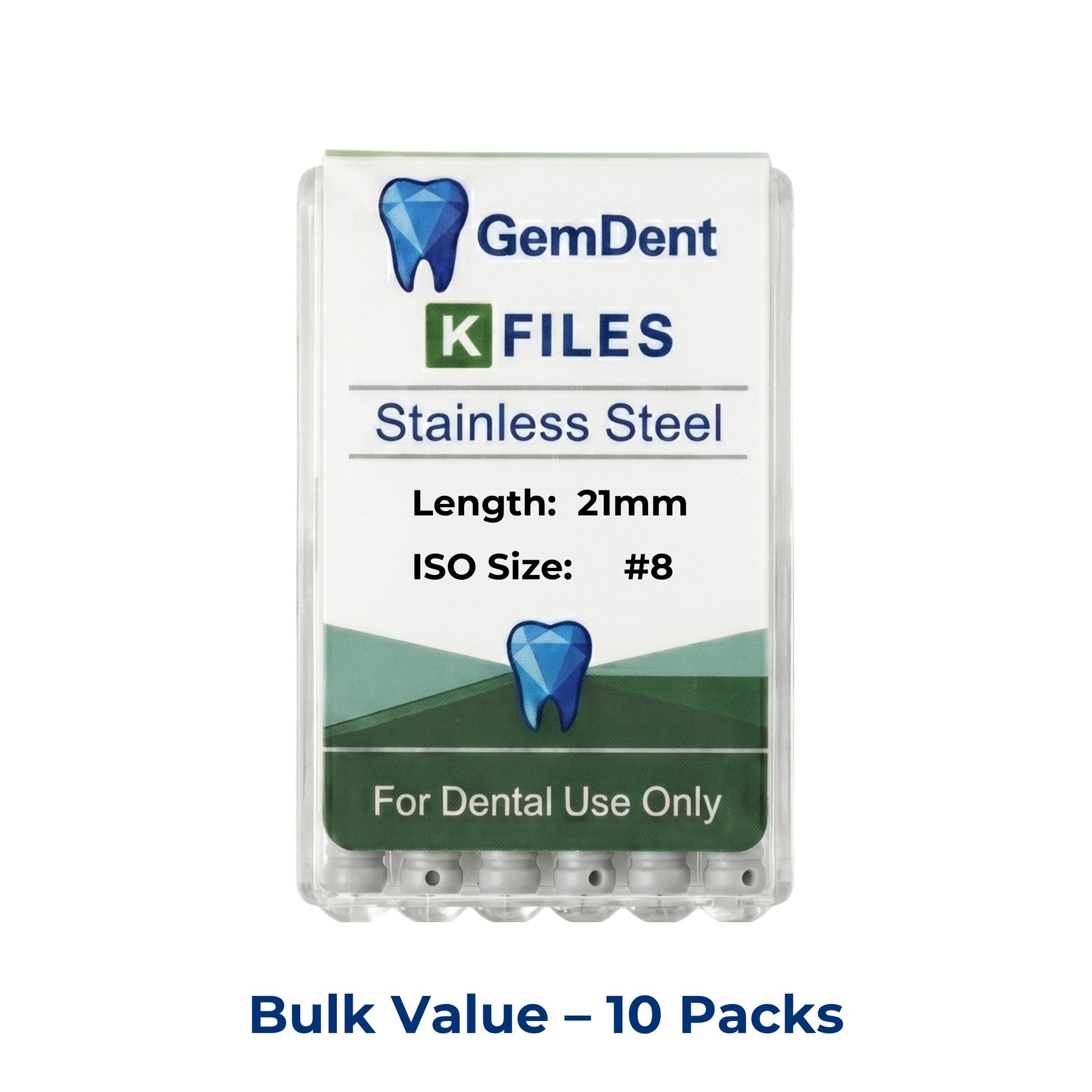 GemDent Stainless Steel K Files 21mm #08 10 Packs (60 Files)