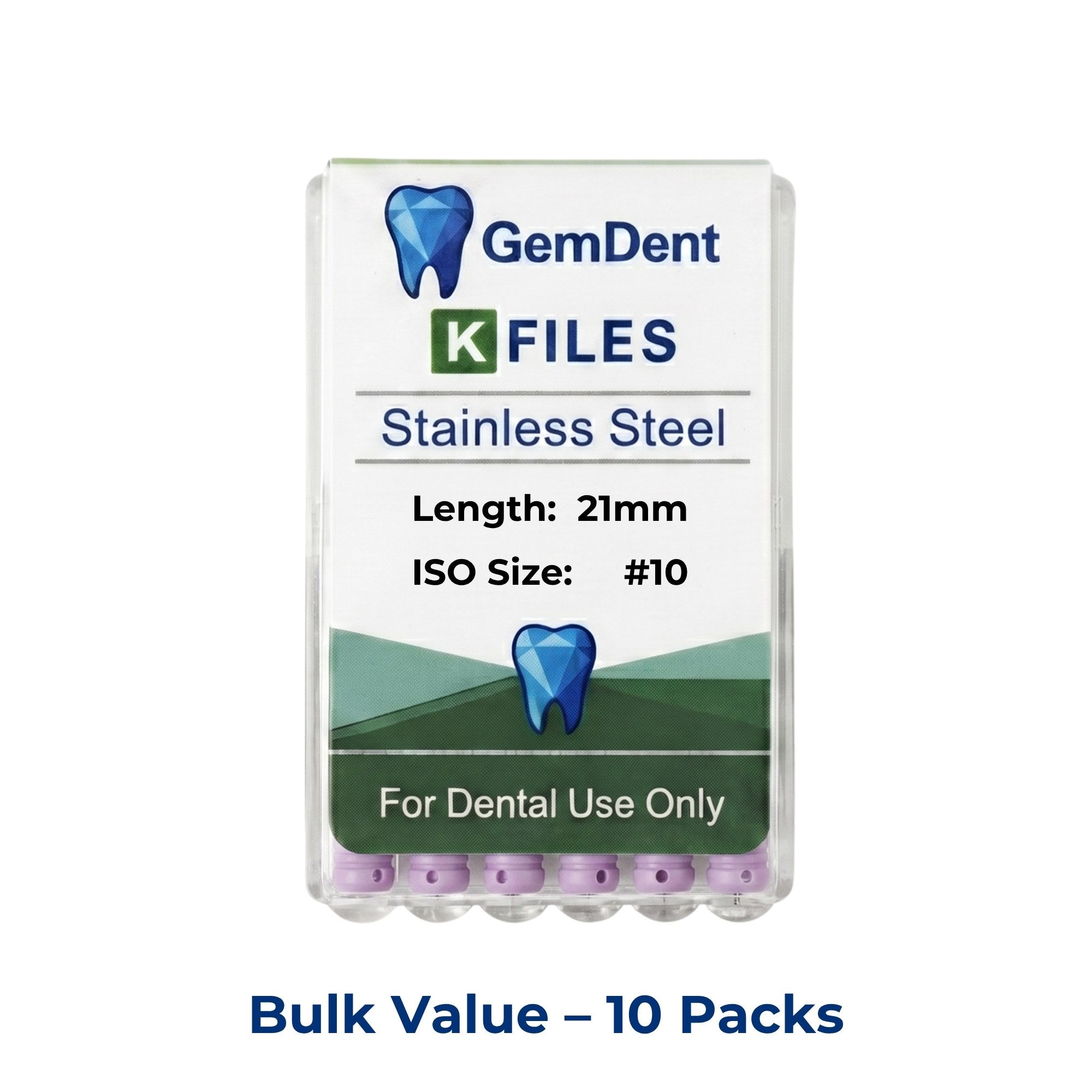 GemDent Stainless Steel K Files 21mm #10 10 Packs (60 Files)