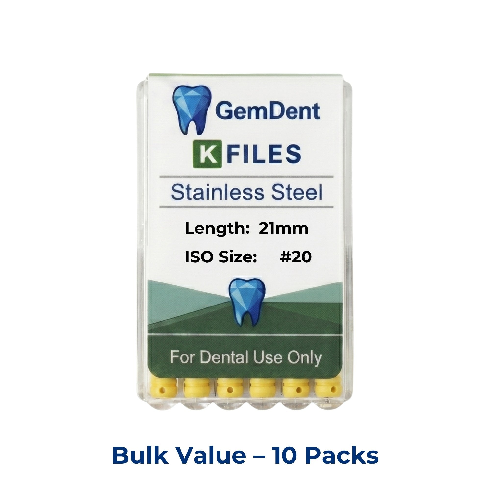 GemDent Stainless Steel K Files 21mm #20 10 Packs (60 Files)