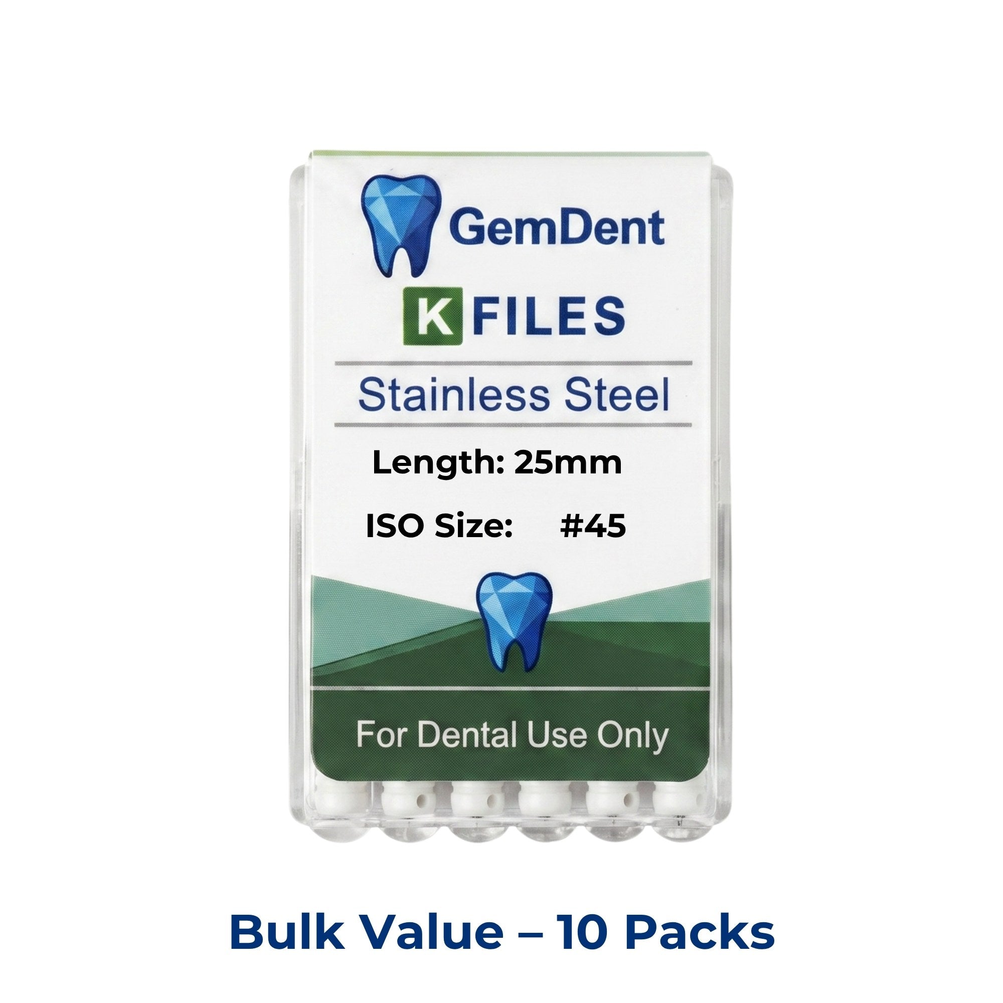 GemDent Stainless Steel K Files 25mm #45 10 Packs (60 Files)
