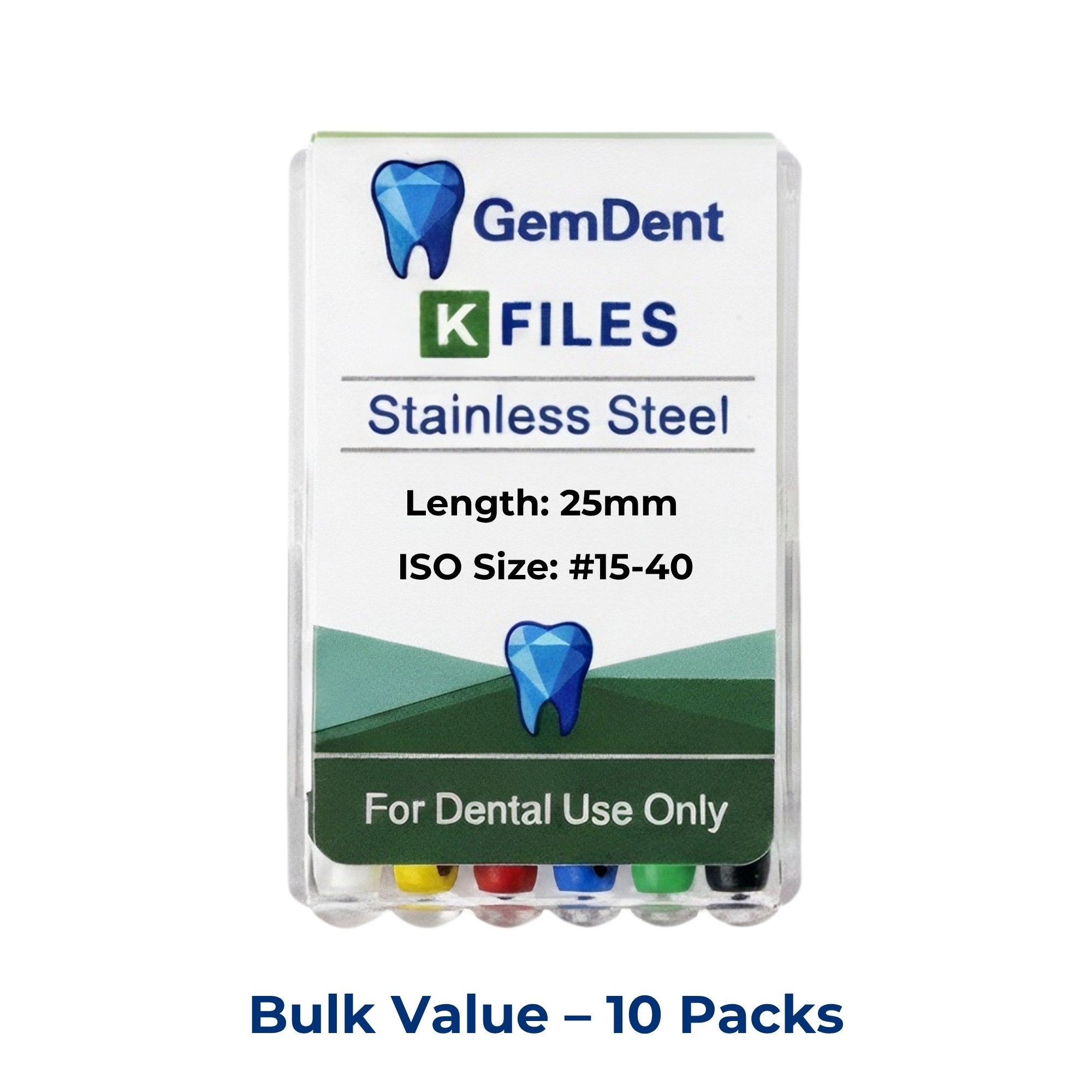 GemDent Stainless Steel K Files 25mm #15–40 Assorted 10 Packs (60 Files)