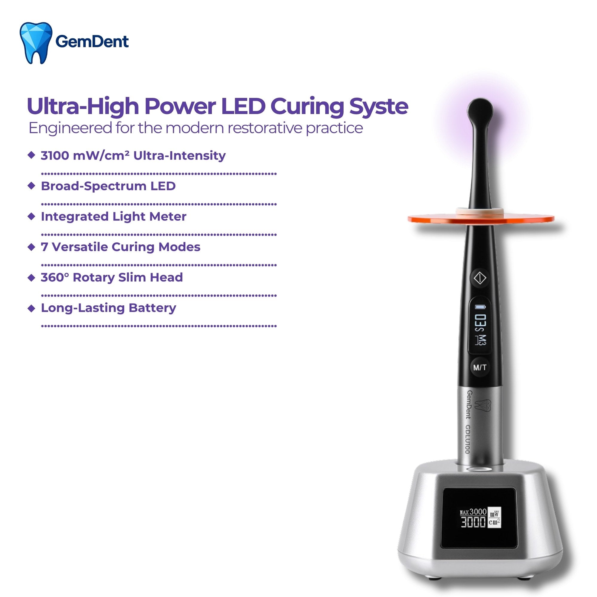 GemDent Luma GDLU100 LED curing light features 3100 mW/cm² power broad spectrum LED 7 curing modes and 360 degree rotating head