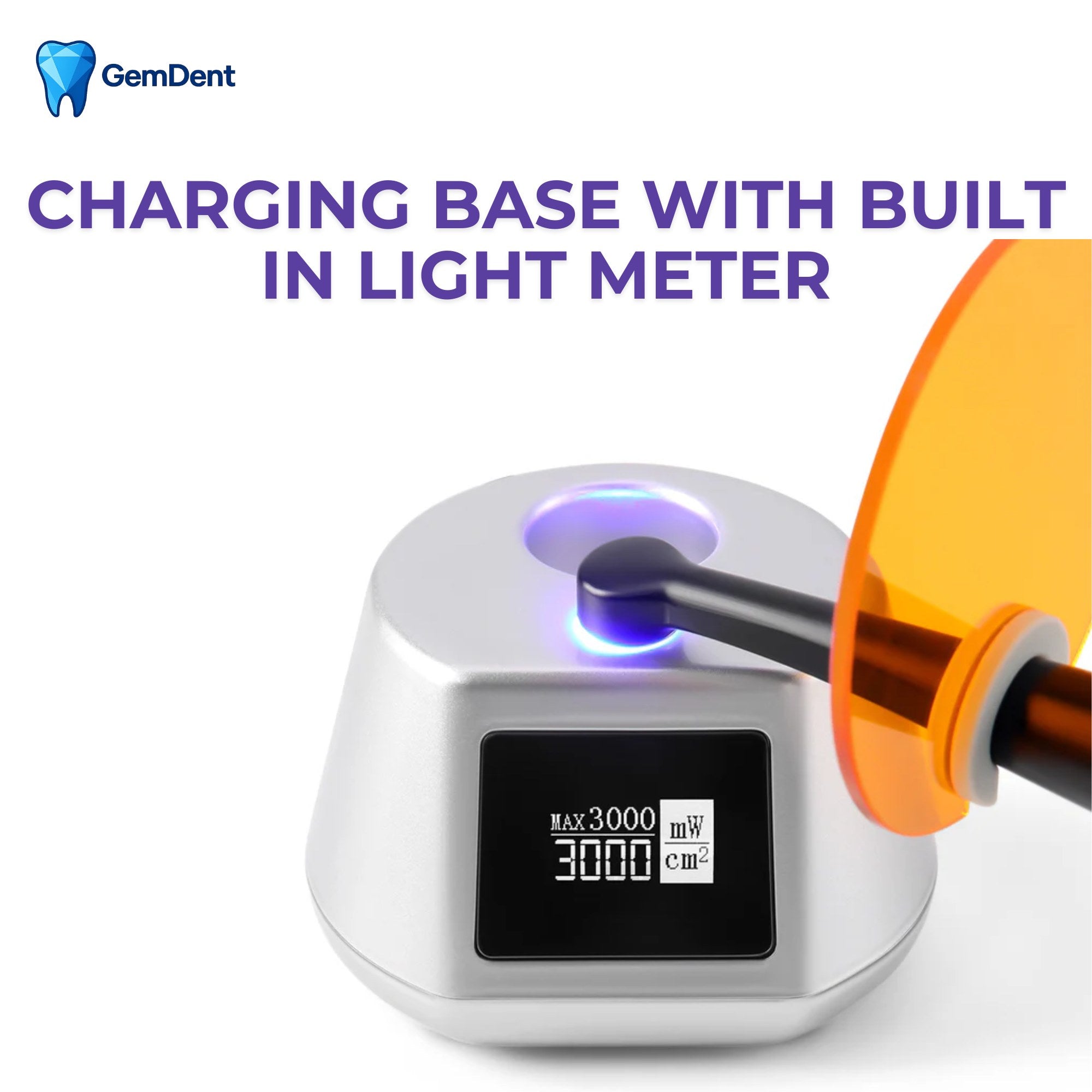 Dental curing light charging base with built in light meter GemDent Luma GDLU100 LED curing system