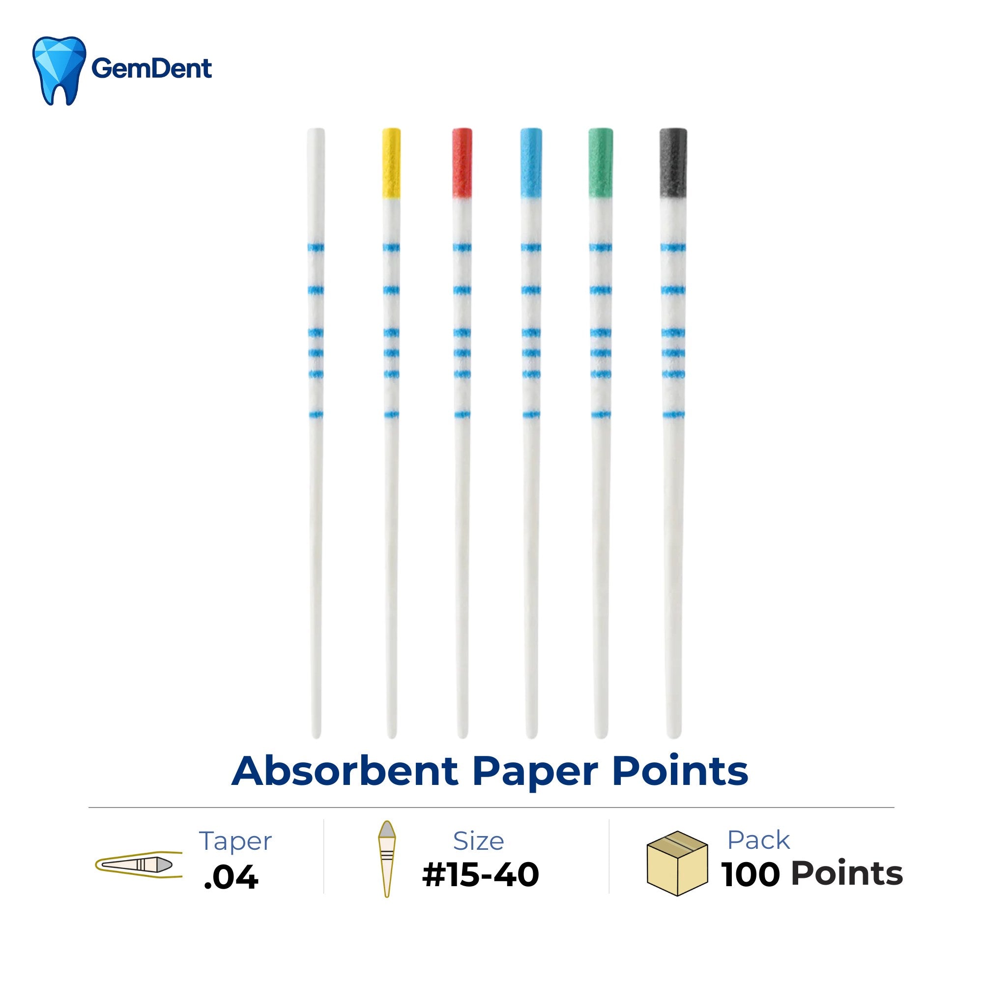 GemDent Absorbent Paper Points ISO Color-Coded Size 15-40 Assorted Taper .04 Pack of 100 Endodontic Paper Points