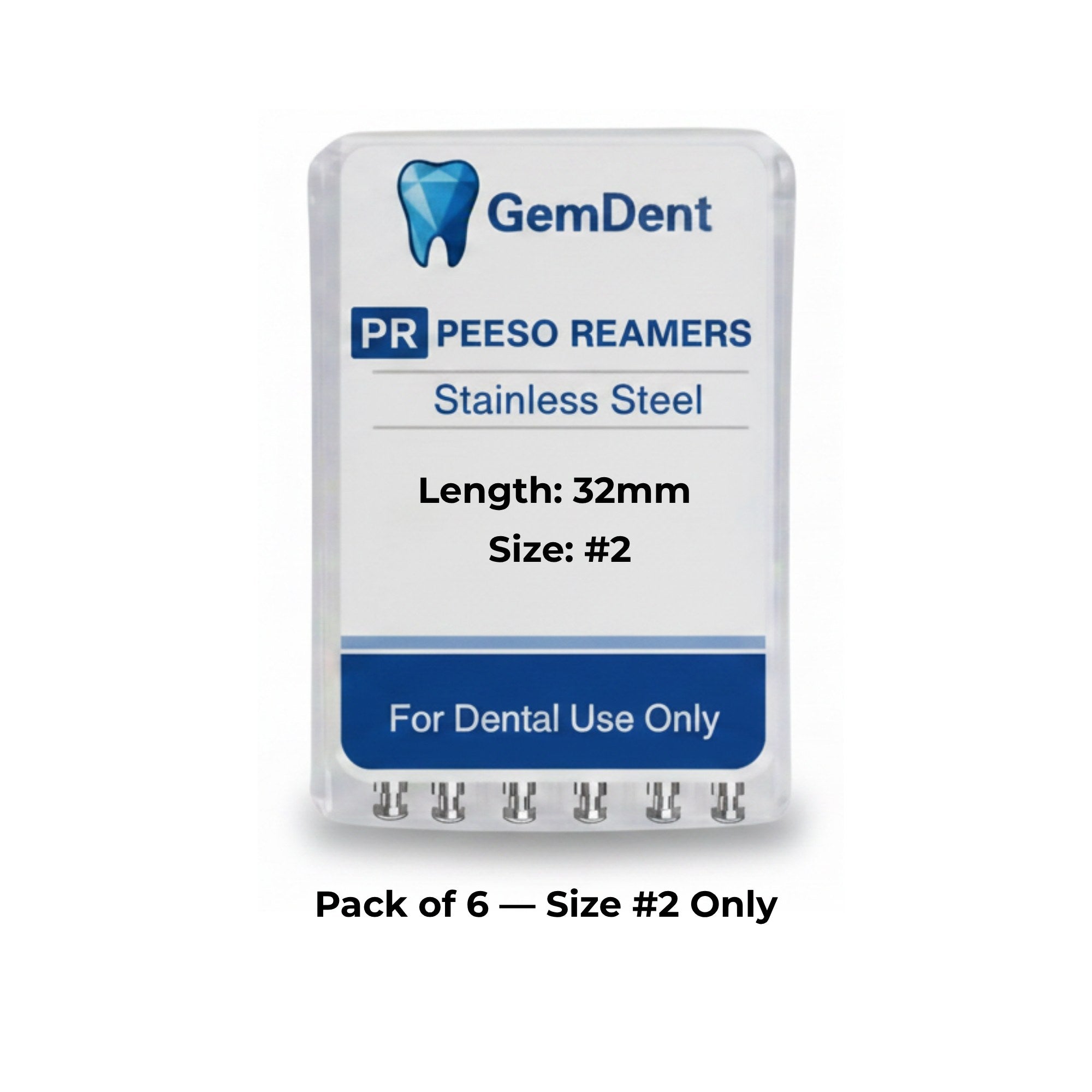 GemDent Stainless Steel Peeso Reamers 32mm #2 Pack of 6