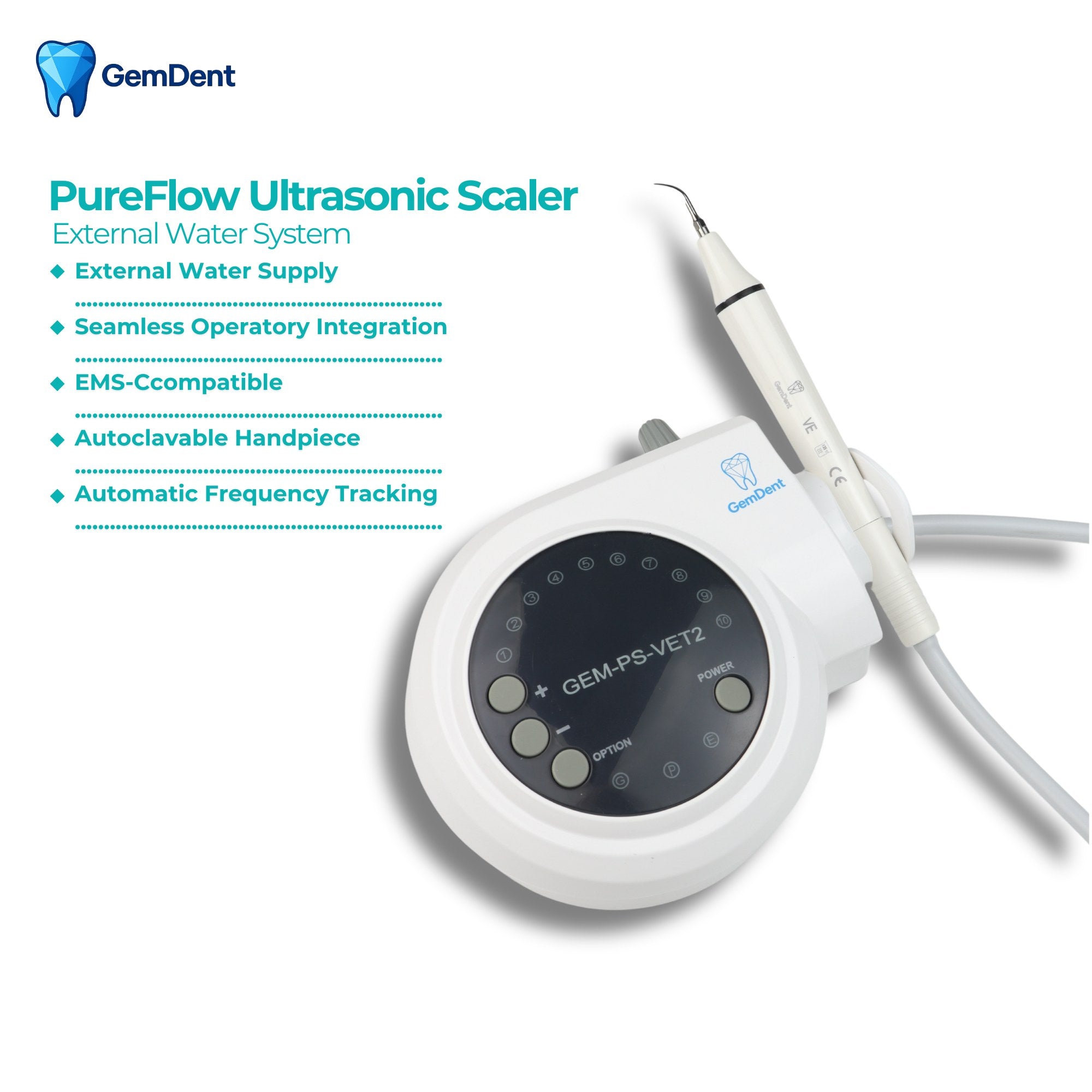 GemDent PureFlow ultrasonic scaler with external water system, dental scaler unit with direct water line connection