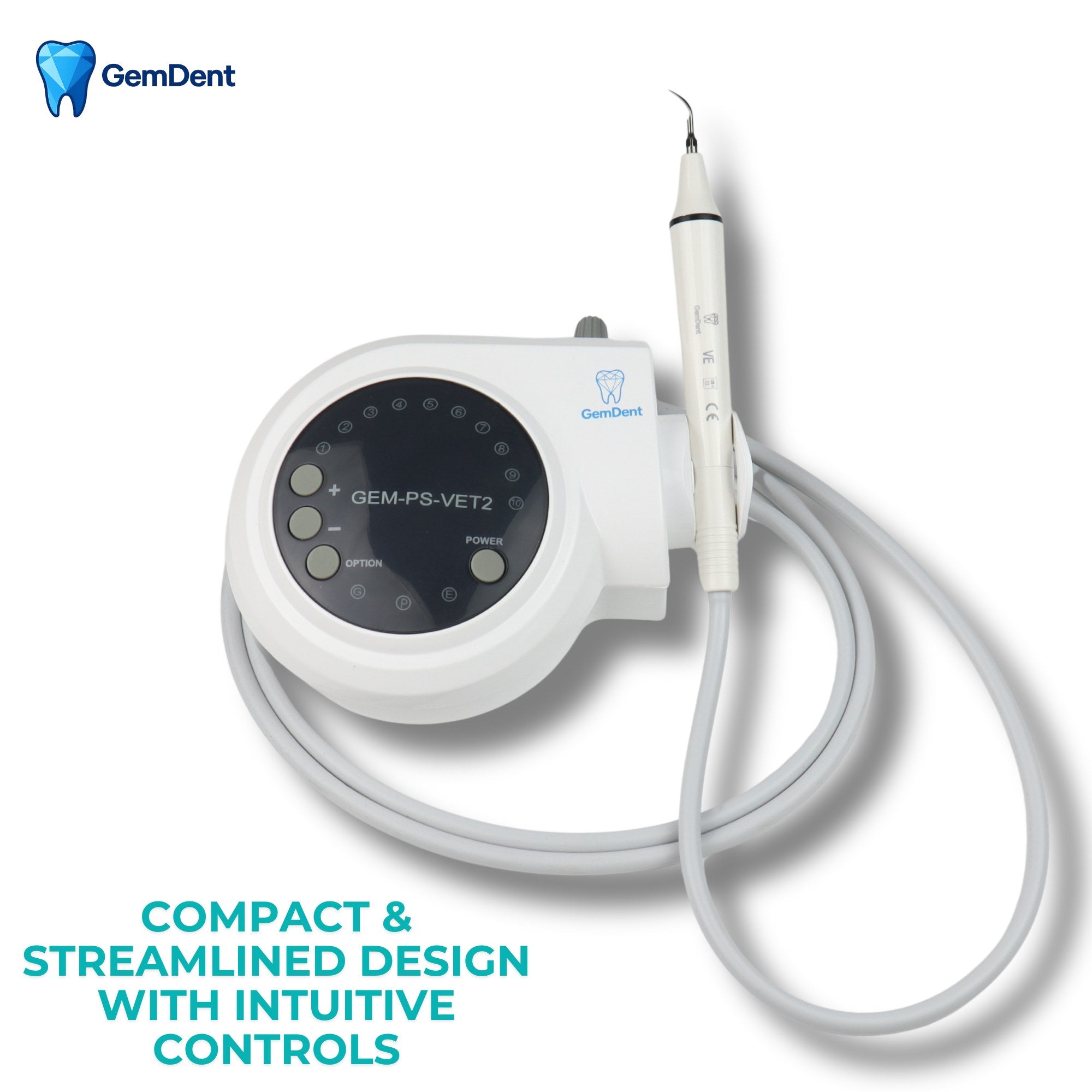 GemDent PureFlow ultrasonic scaler compact design with intuitive control interface and handpiece