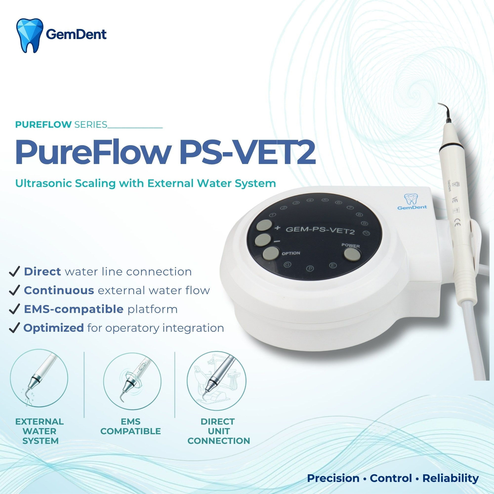 GemDent PureFlow PS-VET2 Ultrasonic Scaler with External Water System for Dental Scaling