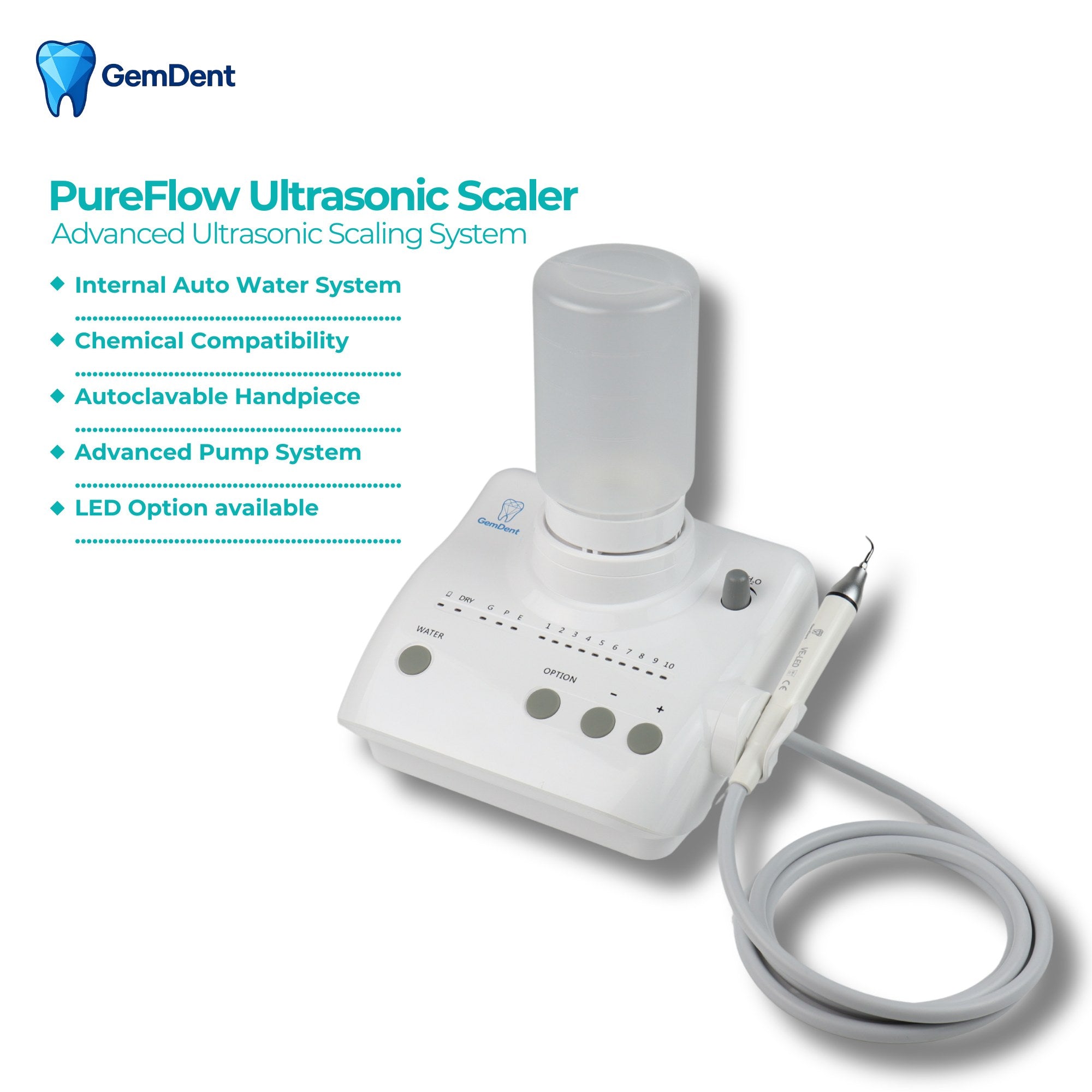 GemDent PureFlow ultrasonic scaler with internal water system, dental scaling unit with bottle reservoir and handpiece