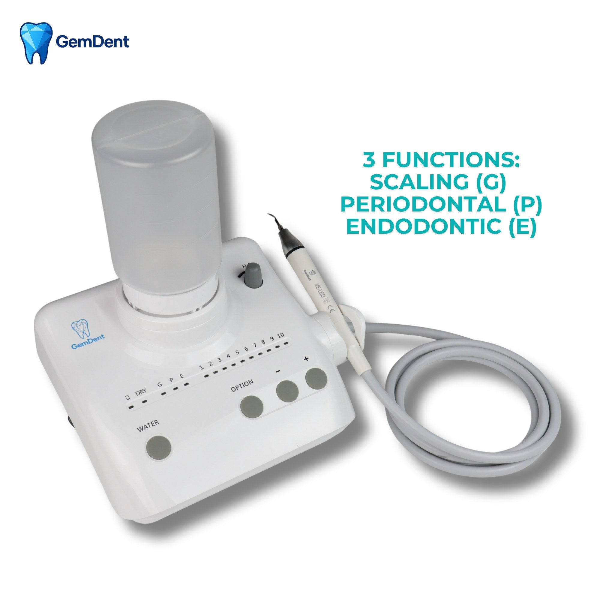 GemDent PureFlow ultrasonic scaler showing scaling, periodontal, and endodontic functions (G P E modes)