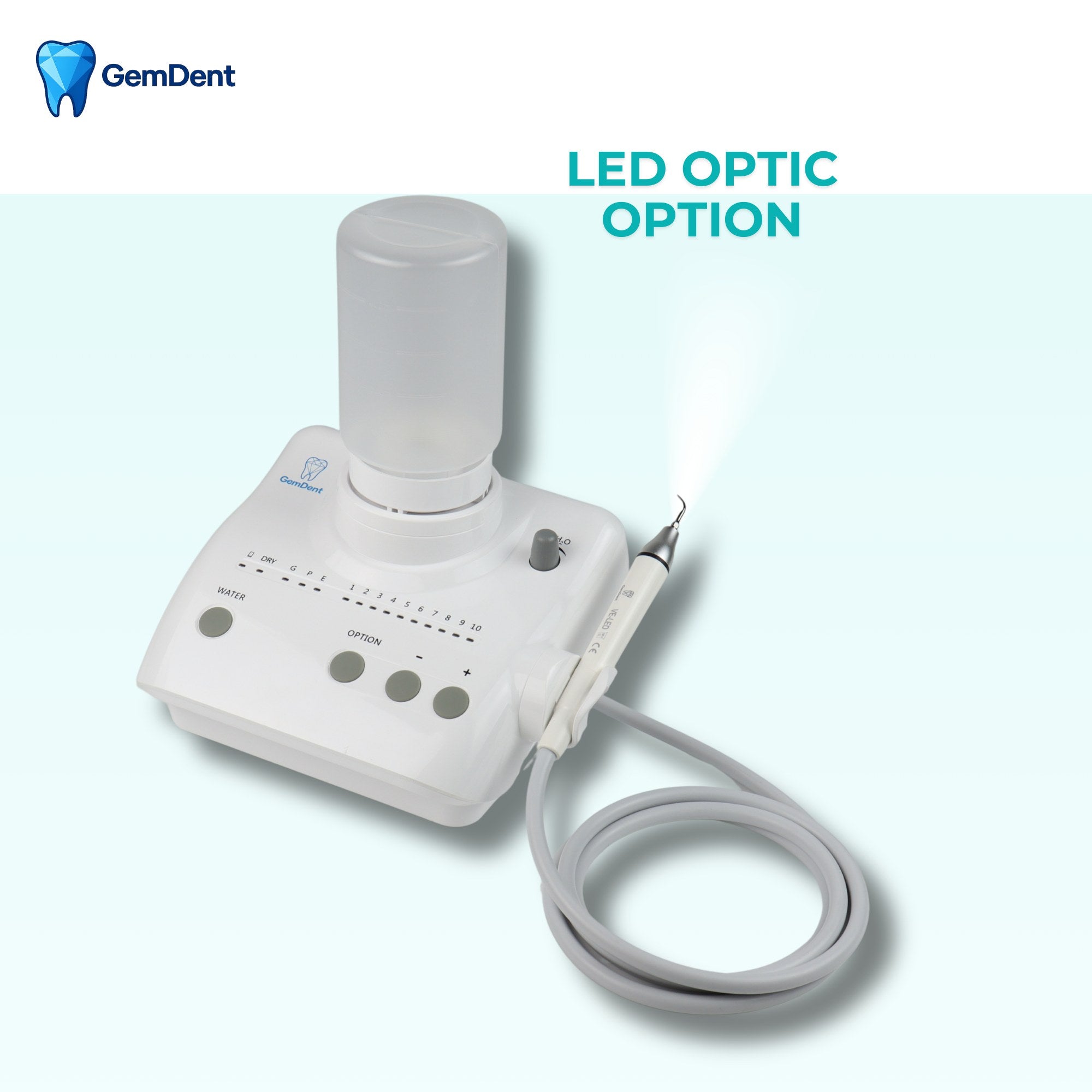 GemDent PureFlow ultrasonic scaler with LED optic handpiece for enhanced visibility during procedures