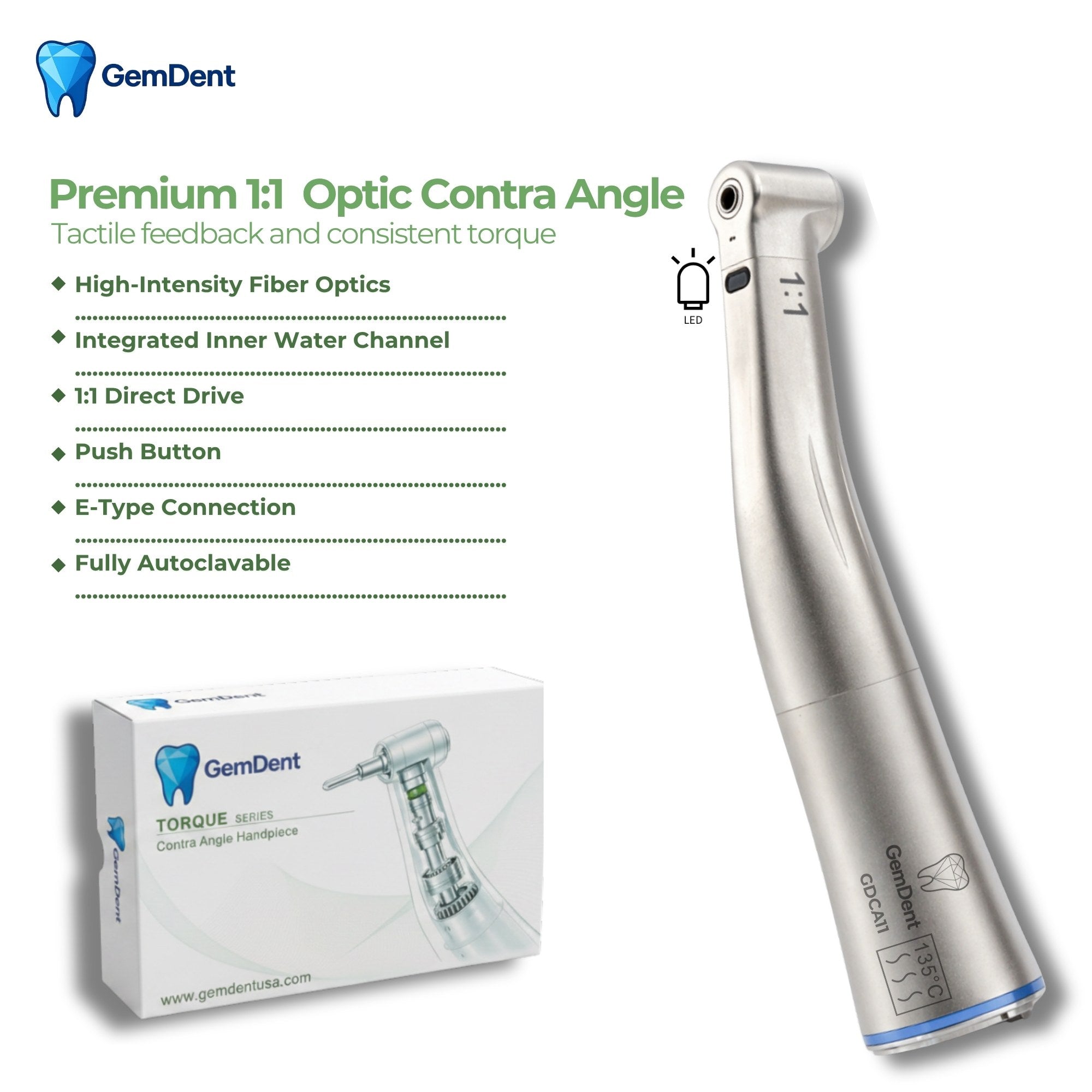 GemDent Torque 1 to 1 fiber optic contra angle handpiece with push button and internal water spray
