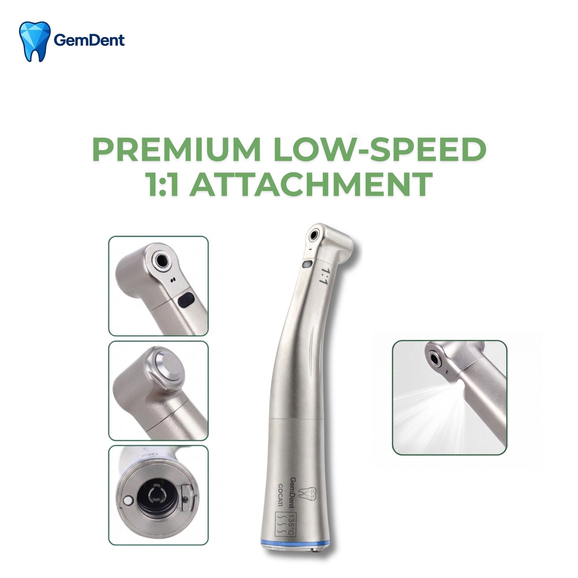 GemDent 1 to 1 low speed contra angle handpiece with fiber optic illumination push button and water spray features