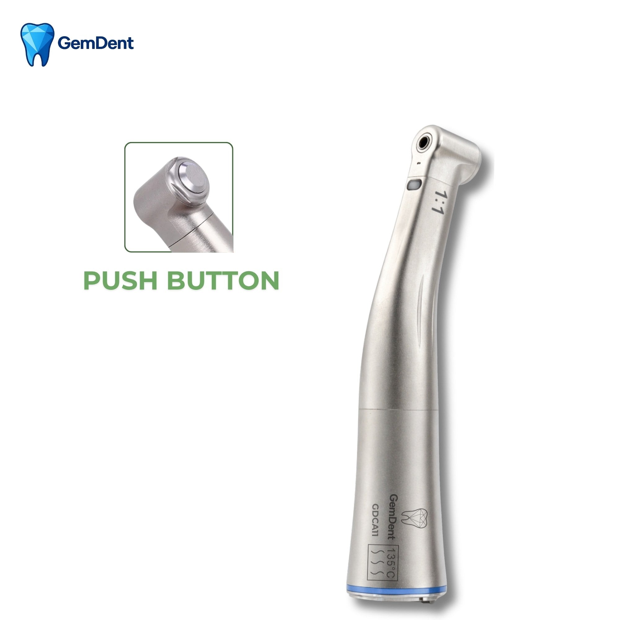 GemDent 1 to 1 contra angle handpiece with push button bur locking mechanism for quick and secure changes