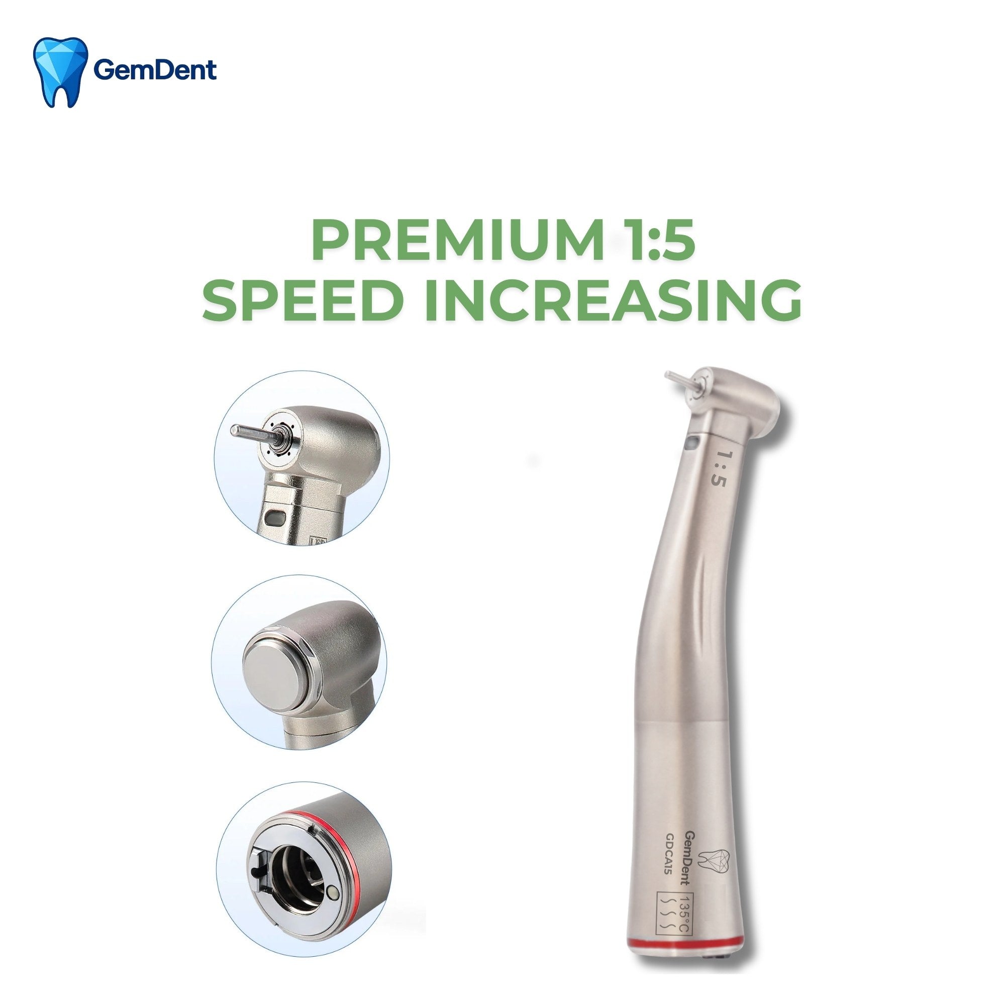 GemDent 1 to 5 fiber optic speed increasing contra angle handpiece with push button and E type connection