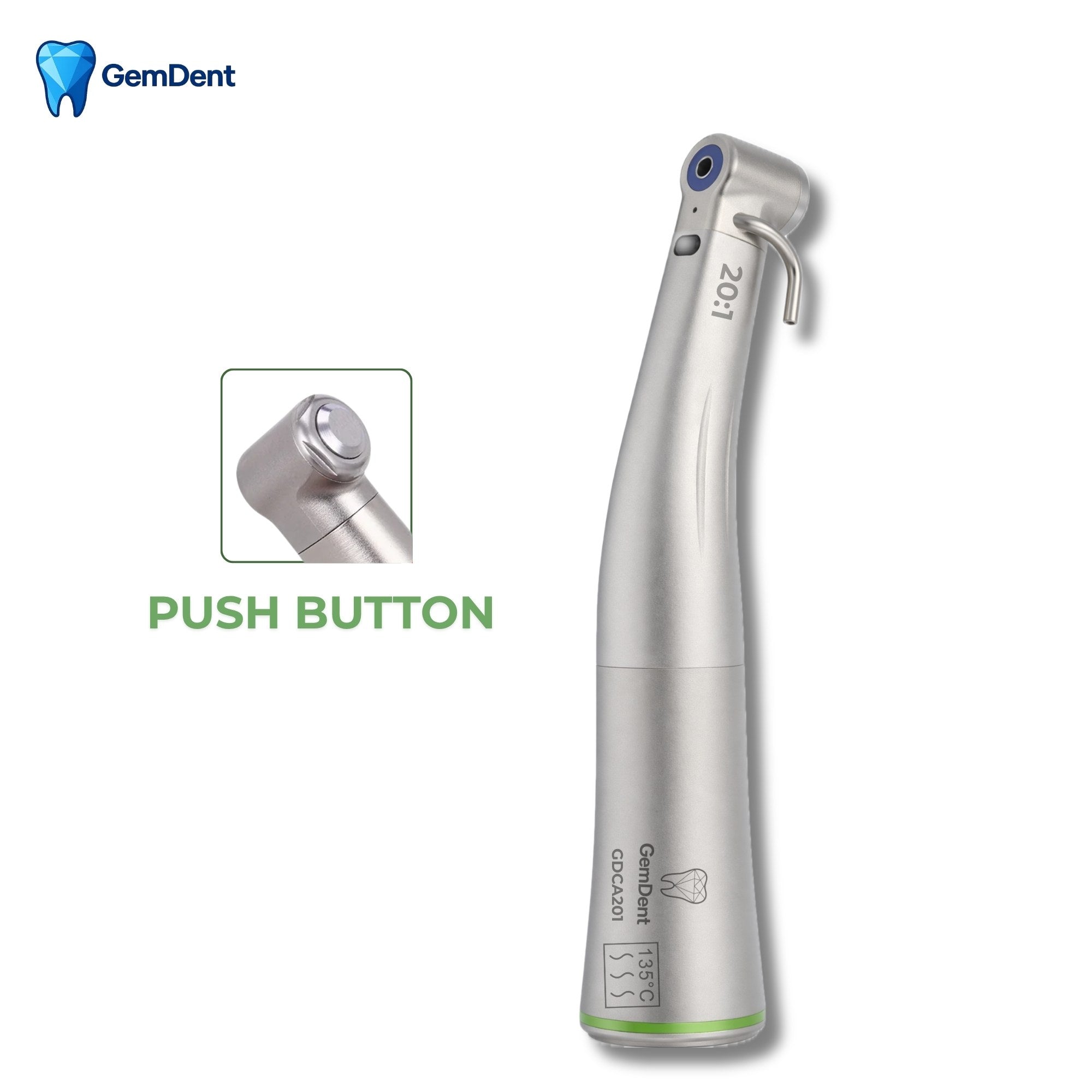 GemDent 20 to 1 contra angle handpiece with push button bur locking system for secure and easy instrument changes