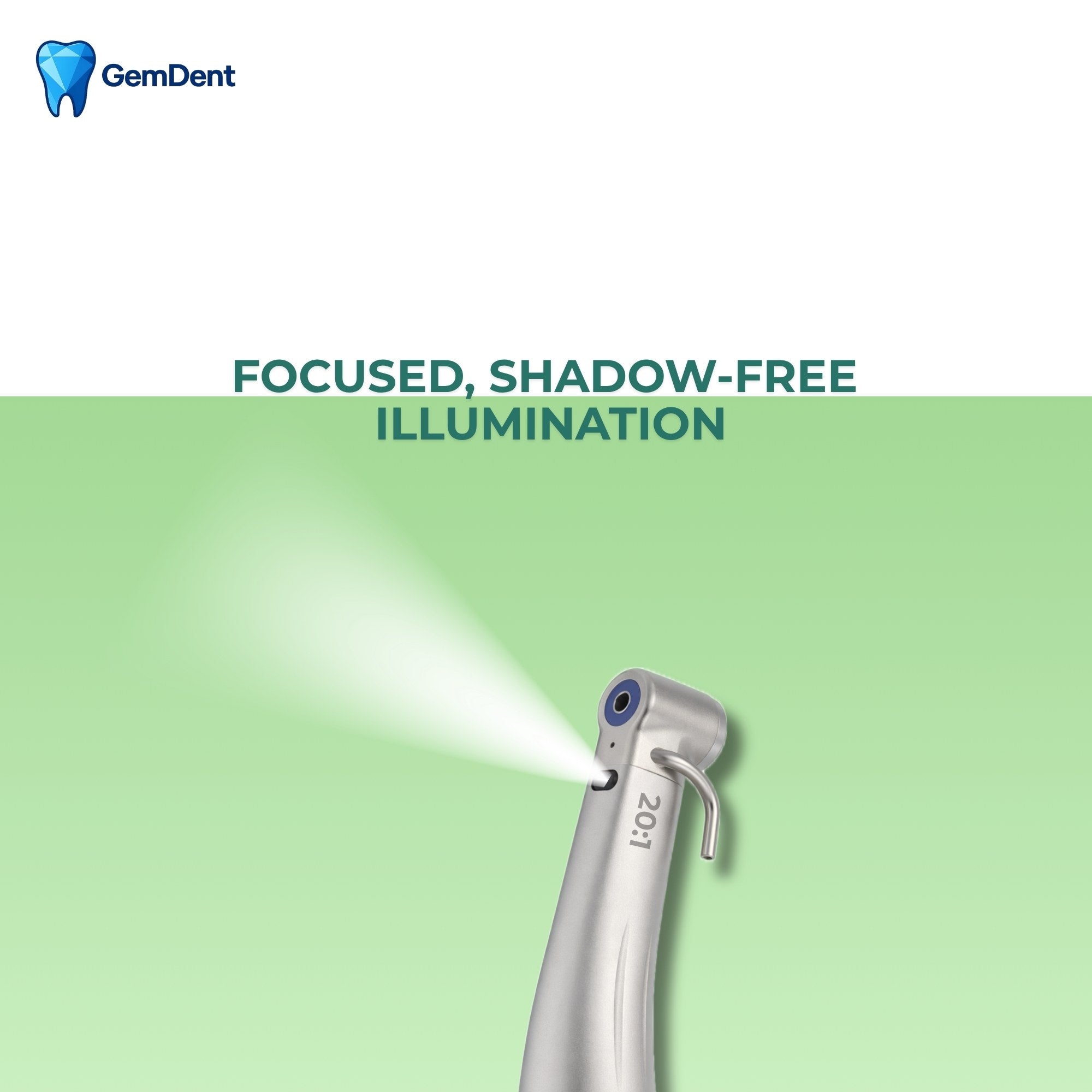 GemDent fiber optic implant contra angle handpiece with shadow free focused illumination for enhanced surgical visibility