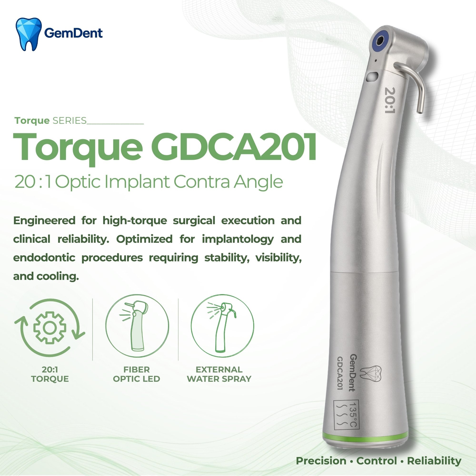 GemDent Torque GDCA201 20:1 Optic Implant Contra Angle Handpiece with LED and External Irrigation