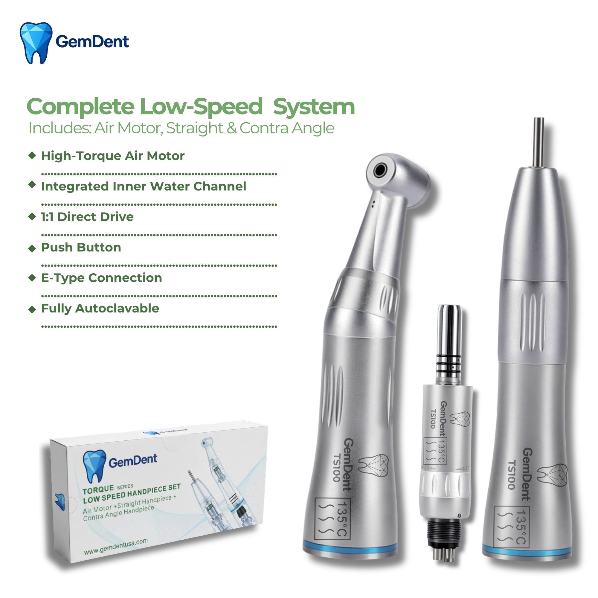 GemDent Torque TS100 low speed handpiece set complete system with air motor straight handpiece and contra angle 