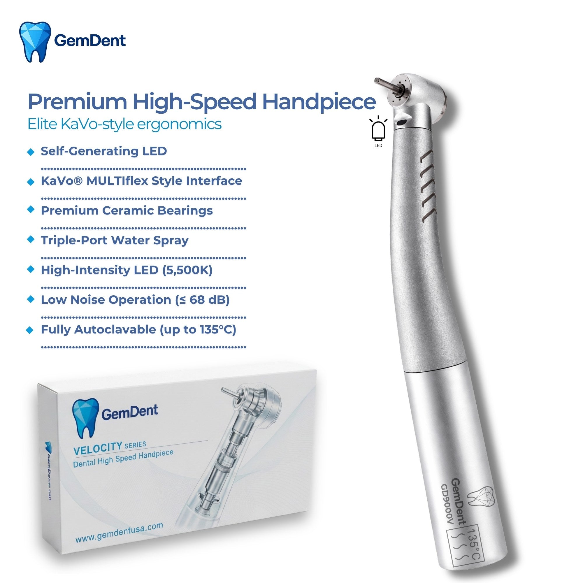 GemDent Velocity 9000 LED High-Speed Dental Handpiece KaVo Compatible Premium Ceramic Bearings Self-Generating LED