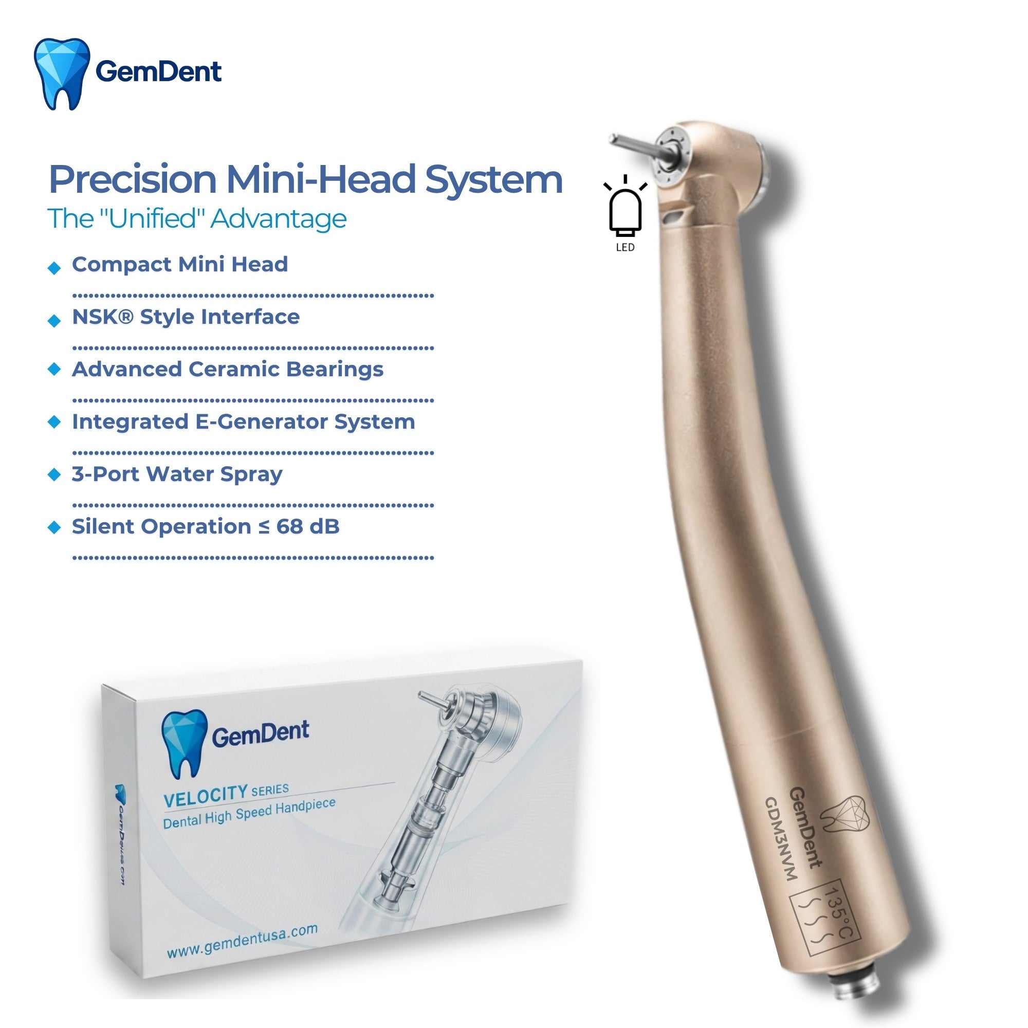 GemDent Velocity M3 NSK mini head high speed handpiece features including ceramic bearings LED generator and 3 port water spray