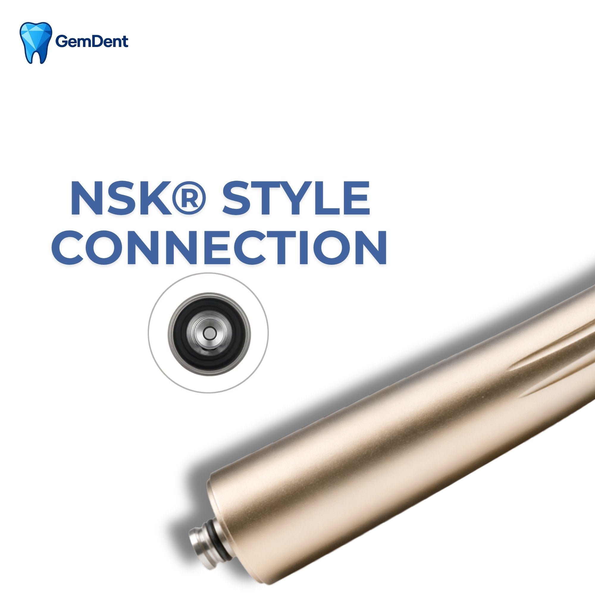 NSK style connection interface on GemDent Velocity M3 dental handpiece showing compatibility detail