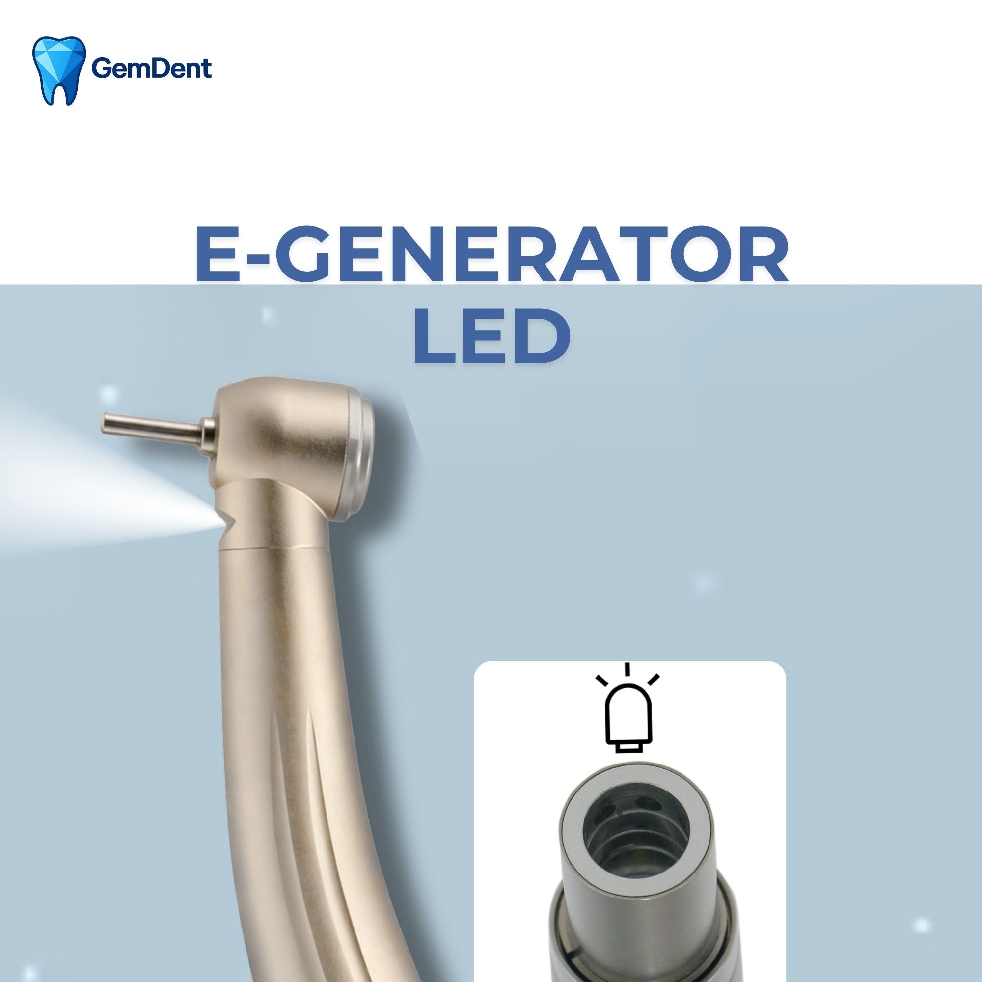 Integrated e-generator LED system on GemDent Velocity M3 dental handpiece with illuminated output